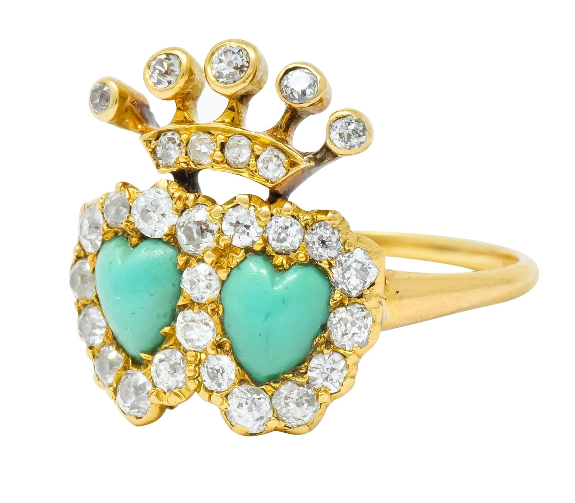 Edwardian Old European Diamond Turquoise 18 Karat Gold Double Heart Cluster Ring - Wilson's Estate Jewelry