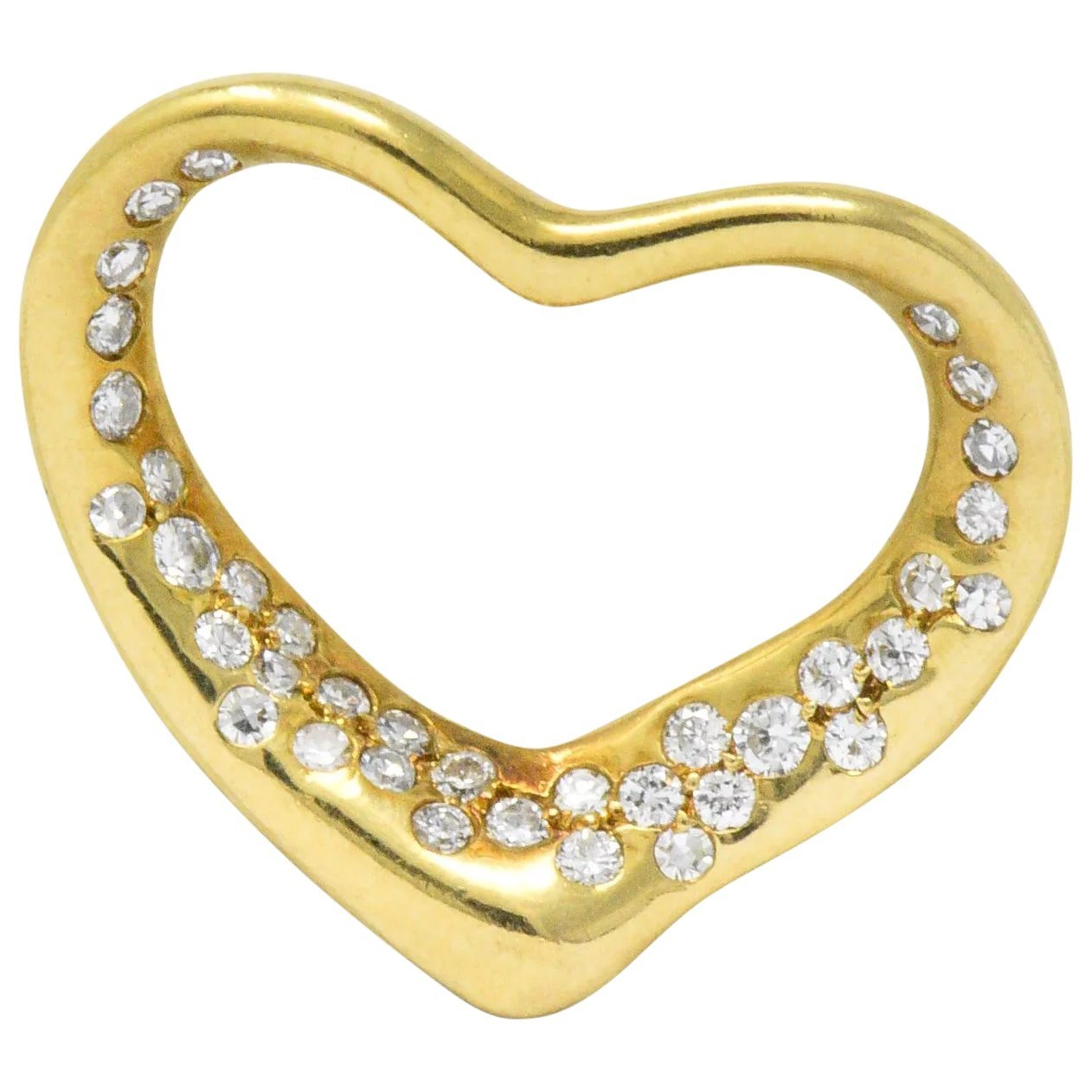 Elsa Peretti Tiffany & Co. 0.35 CTW Diamond 18 Karat Gold 22MM Open Heart Pendant Wilson's Estate Jewelry