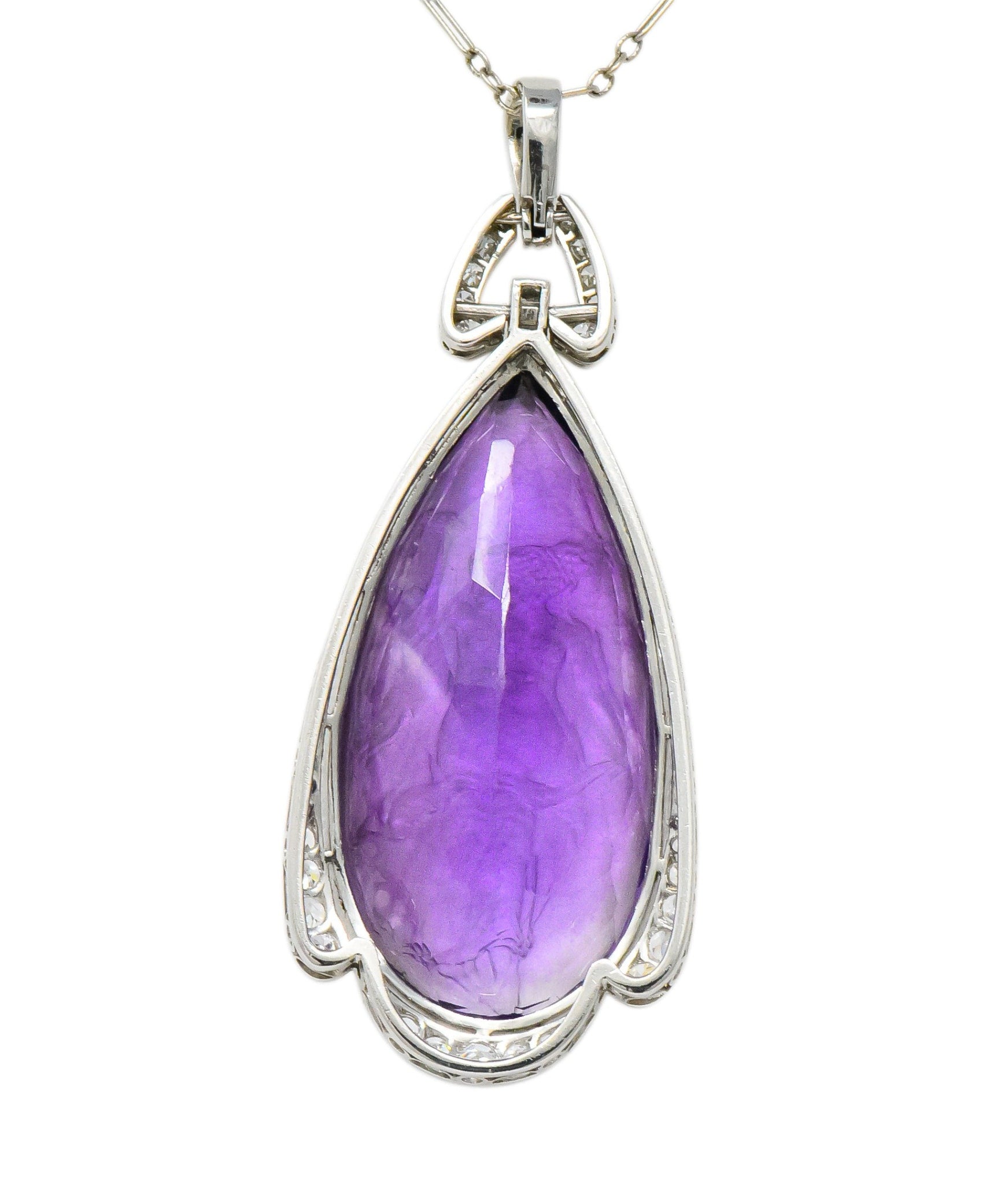 Enticing Edwardian Diamond Carved Amethyst Cameo Platinum Pendant Necklace Wilson's Estate Jewelry