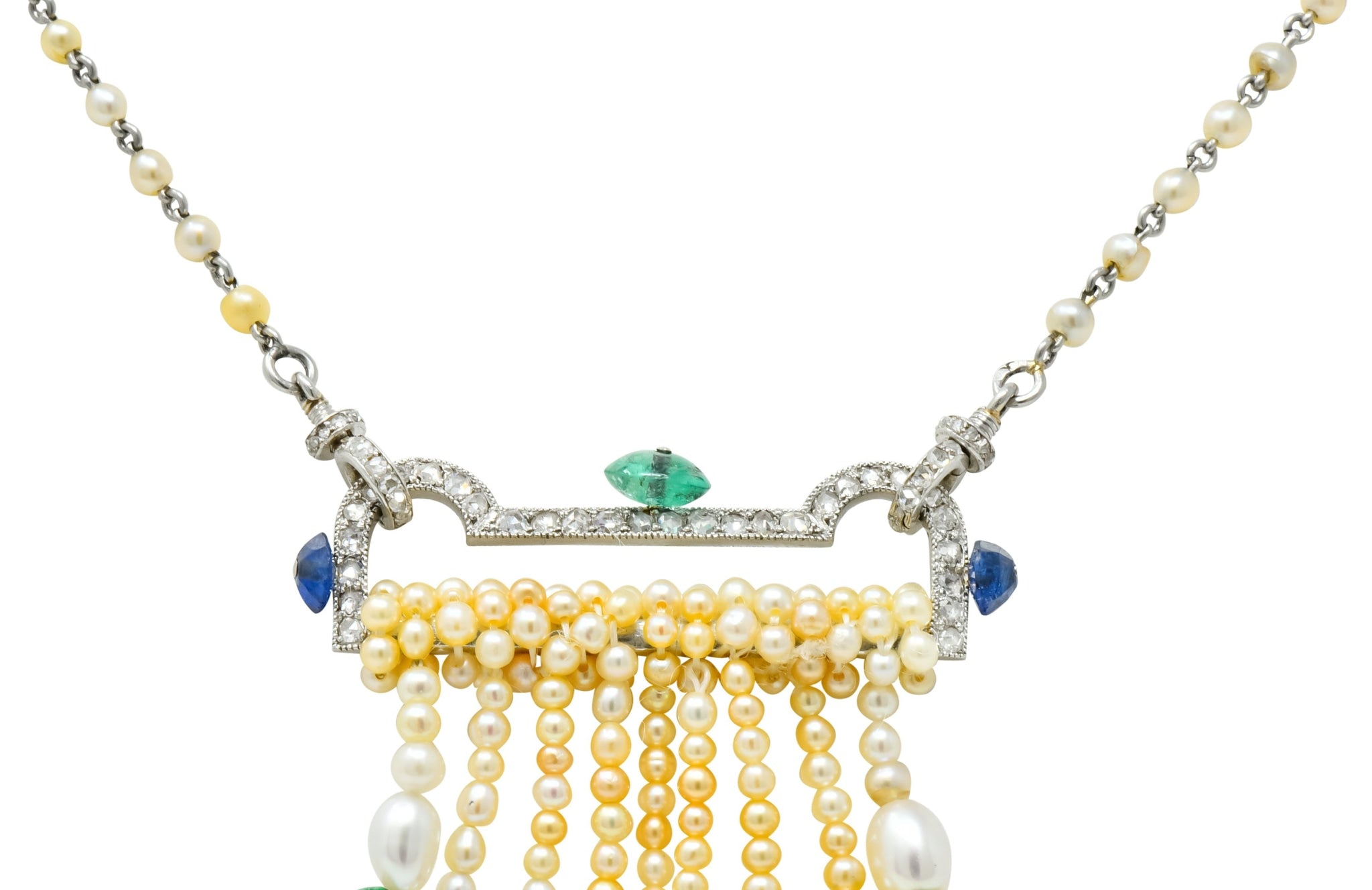 French Art Deco Diamond Natural Pearl Emerald Sapphire Platinum Sautoir Necklace - Wilson's Estate Jewelry