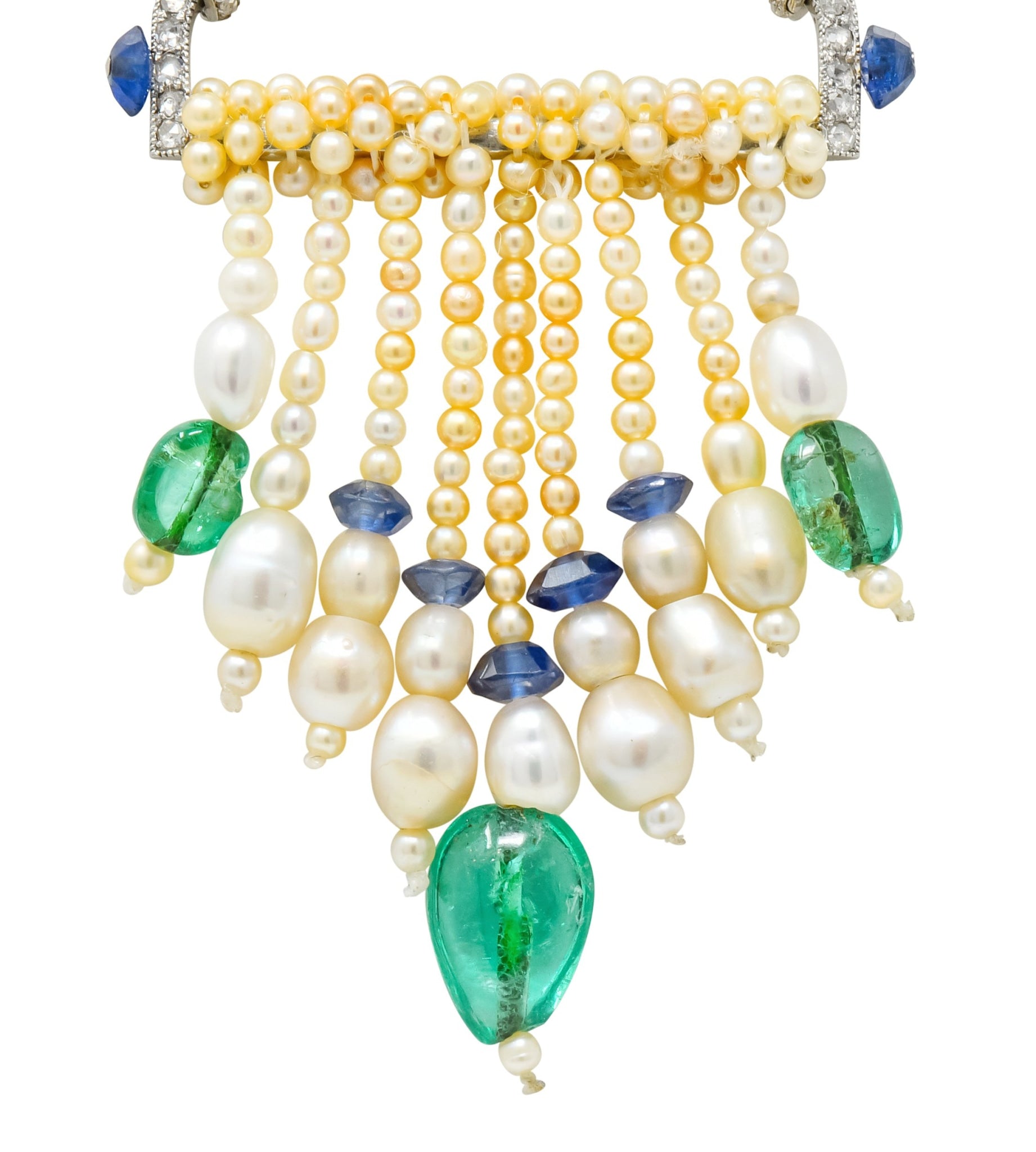 French Art Deco Diamond Natural Pearl Emerald Sapphire Platinum Sautoir Necklace - Wilson's Estate Jewelry