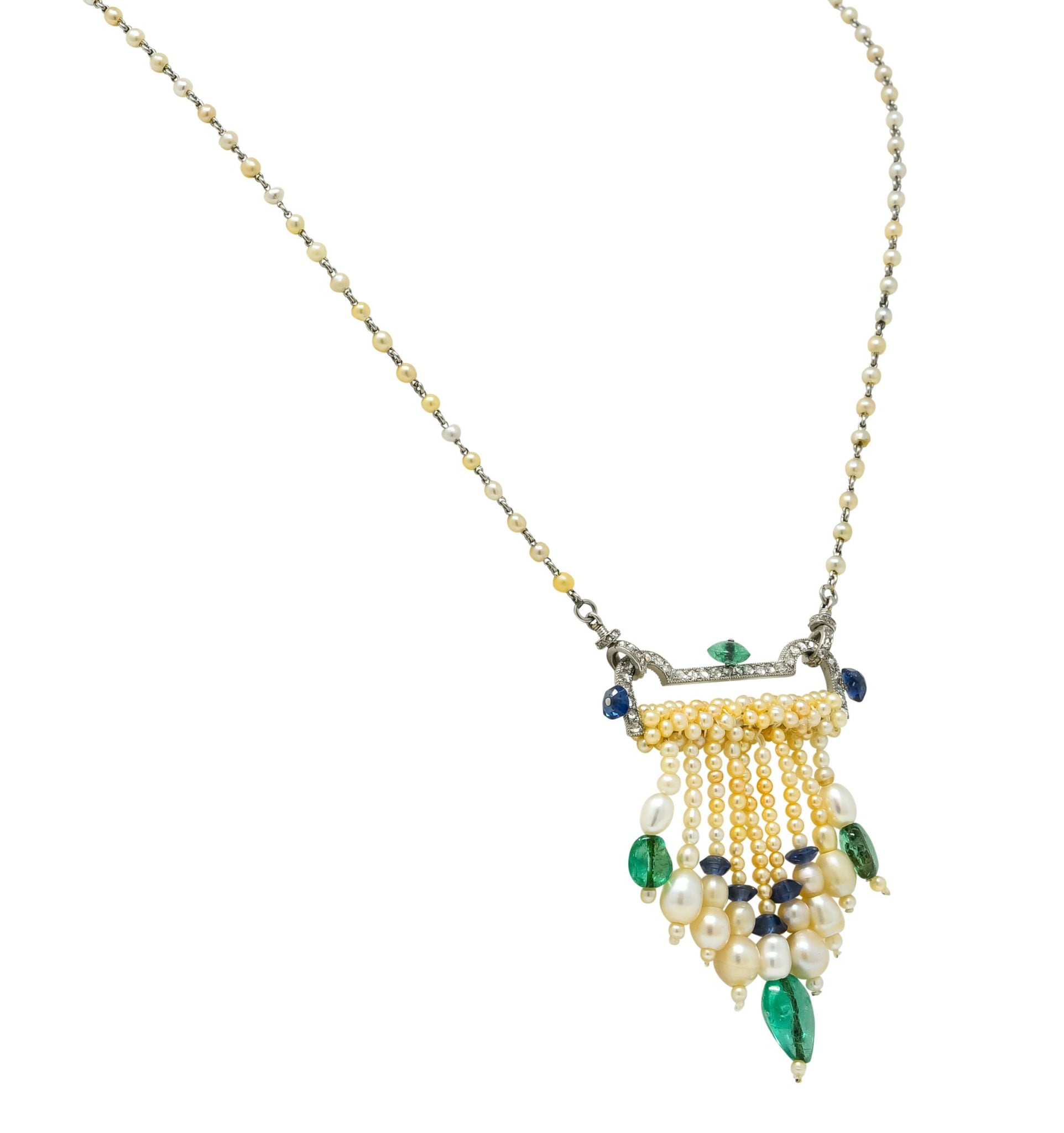 French Art Deco Diamond Natural Pearl Emerald Sapphire Platinum Sautoir Necklace - Wilson's Estate Jewelry