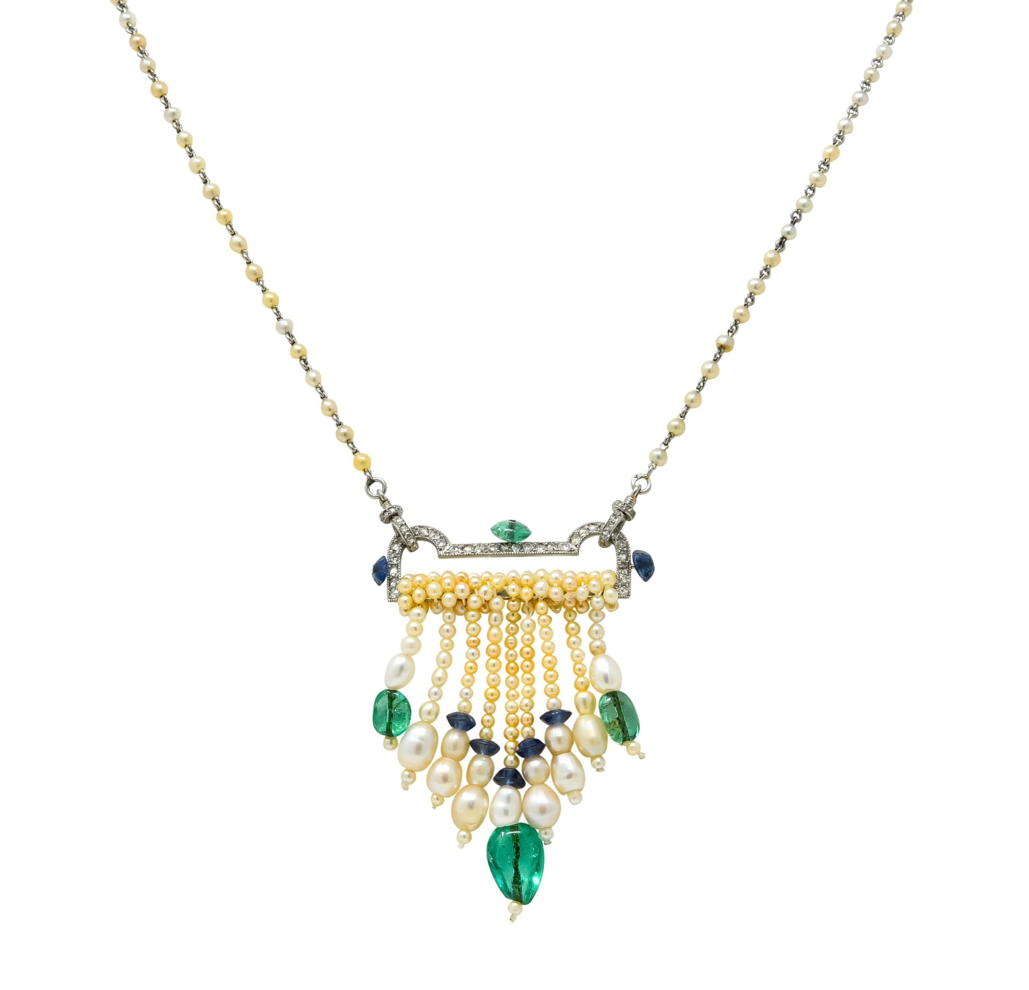 French Art Deco Diamond Natural Pearl Emerald Sapphire Platinum Sautoir Necklace - Wilson's Estate Jewelry