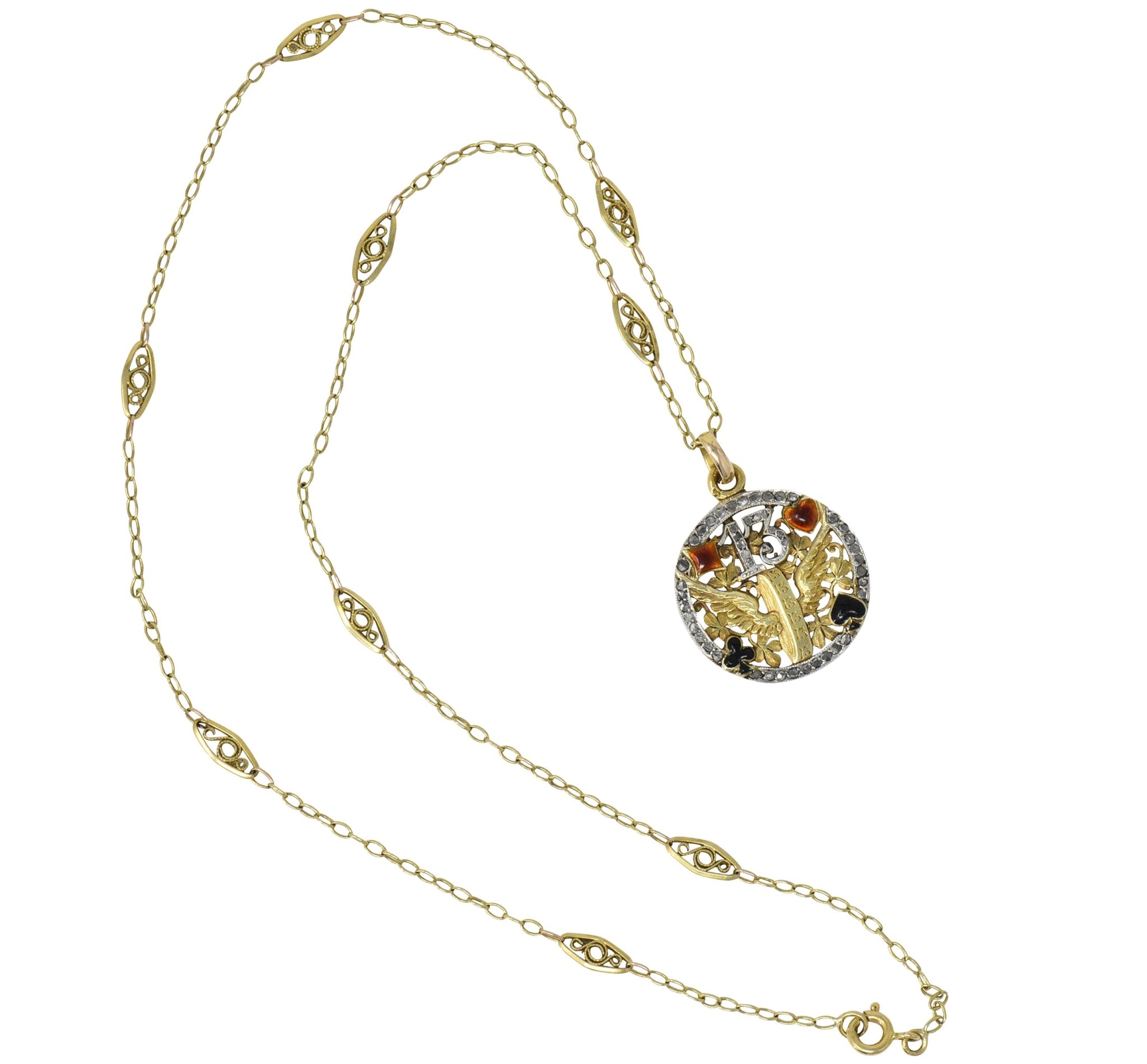 French Belle Époque Diamond Enamel 'Lucky 13 Four Leaf Clover' 18 Karat Gold Pendant Necklace - Wilson's Estate Jewelry