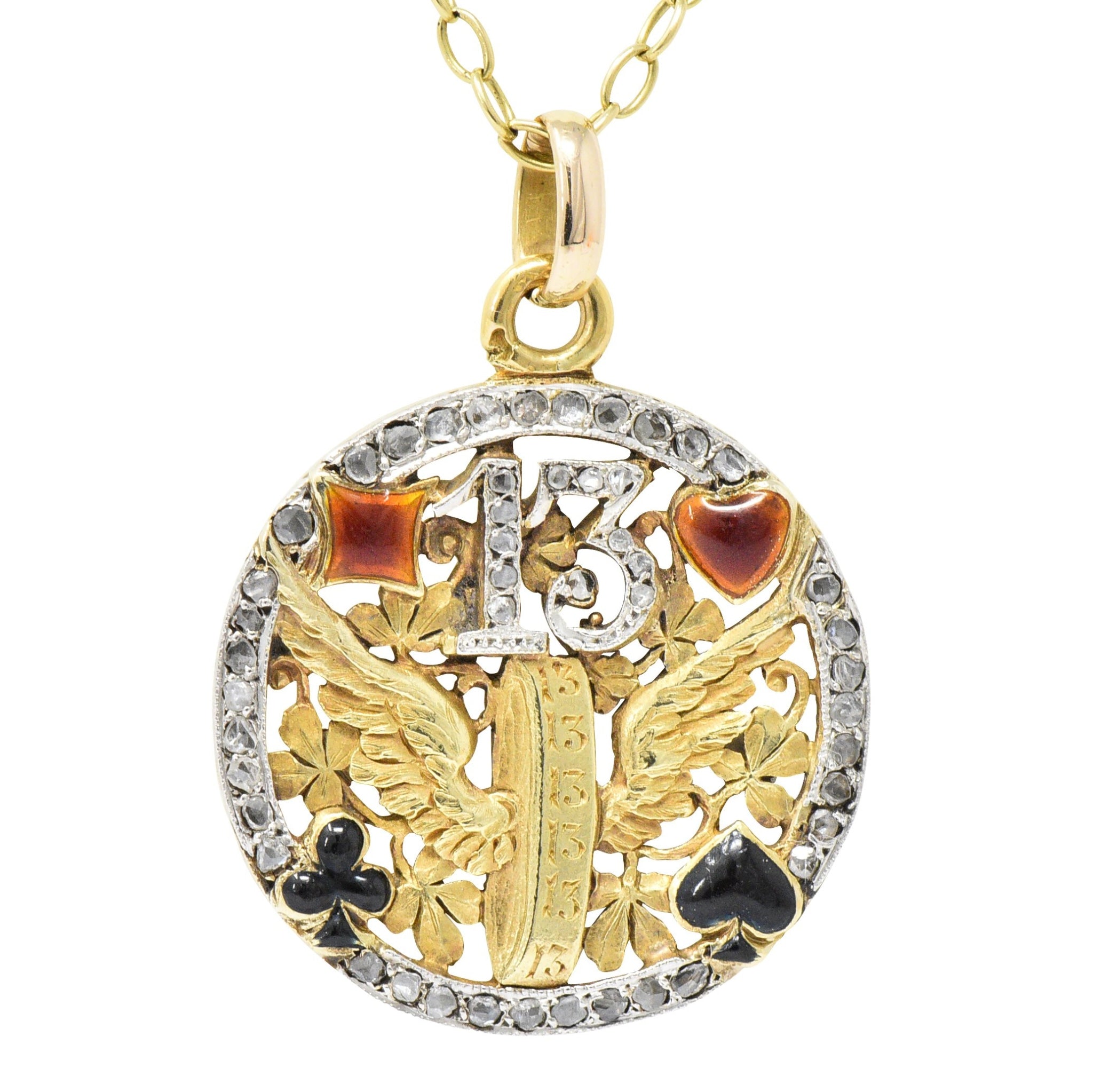 French Belle Époque Diamond Enamel 'Lucky 13 Four Leaf Clover' 18 Karat Gold Pendant Necklace - Wilson's Estate Jewelry