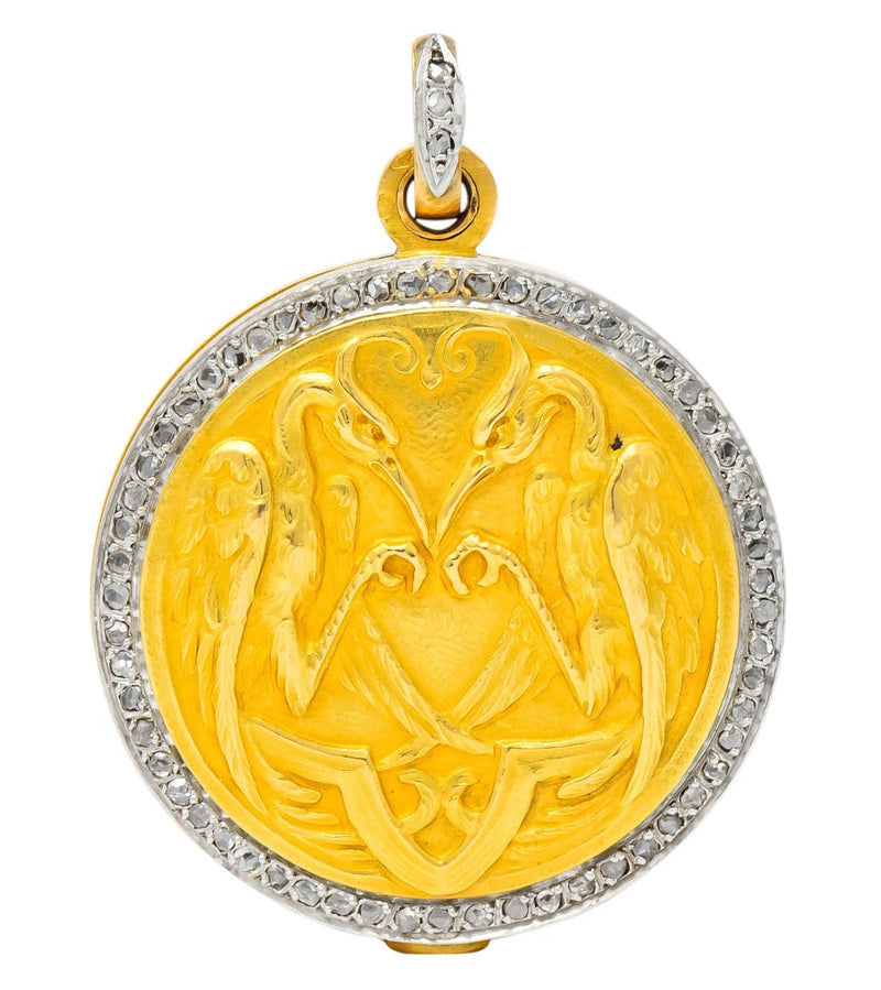French Belle Epoque Diamond Platinum 18 Karat Gold Heron Compact Edwardian Pendant - Wilson's Estate Jewelry