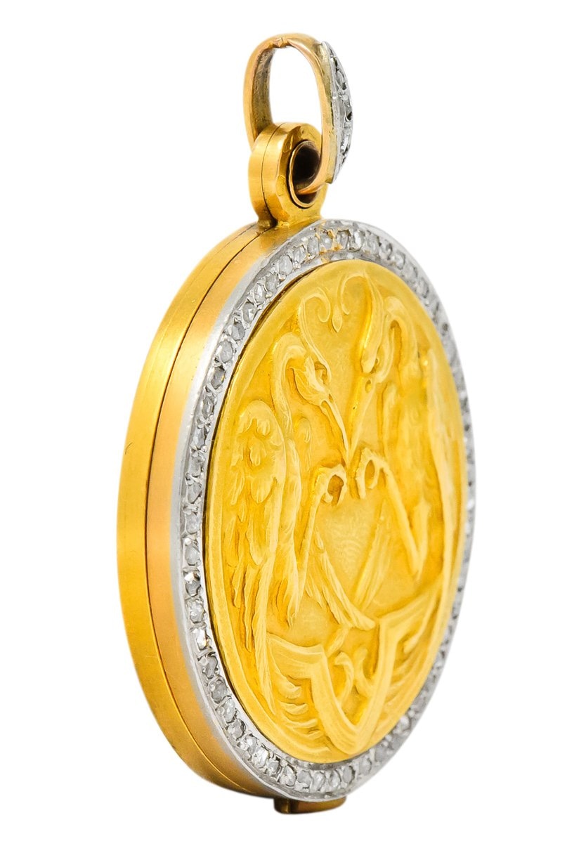 French Belle Epoque Diamond Platinum 18 Karat Gold Heron Compact Edwardian Pendant - Wilson's Estate Jewelry