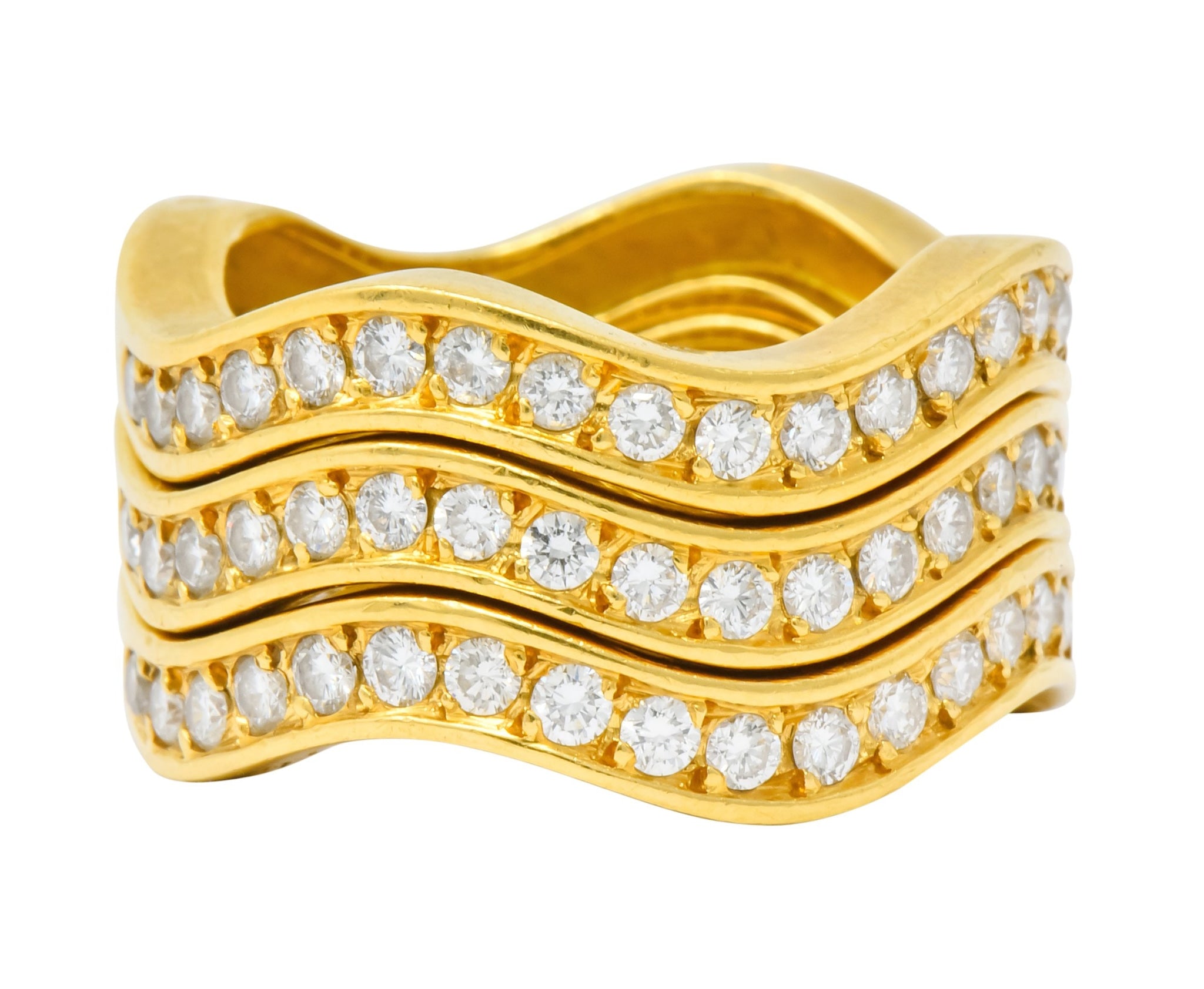 French Cartier 1.56 CTW Diamond 18 Karat Gold Wave Triple Band Stack Rings - Wilson's Estate Jewelry