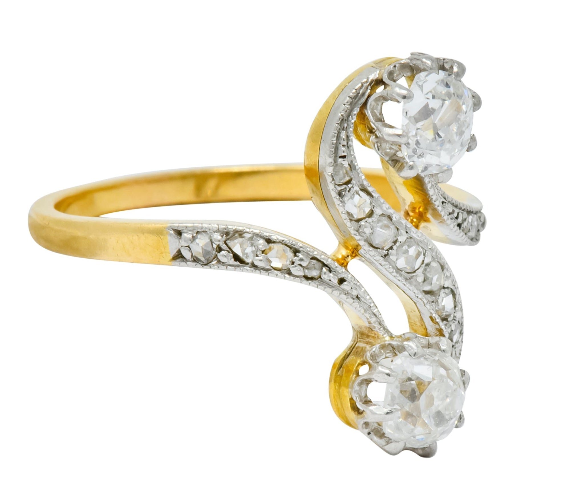 French Edwardian 0.90 CTW Diamond Platinum-Topped 18 Karat Gold Bypass Ring Circa 1915 - Wilson's Estate Jewelry