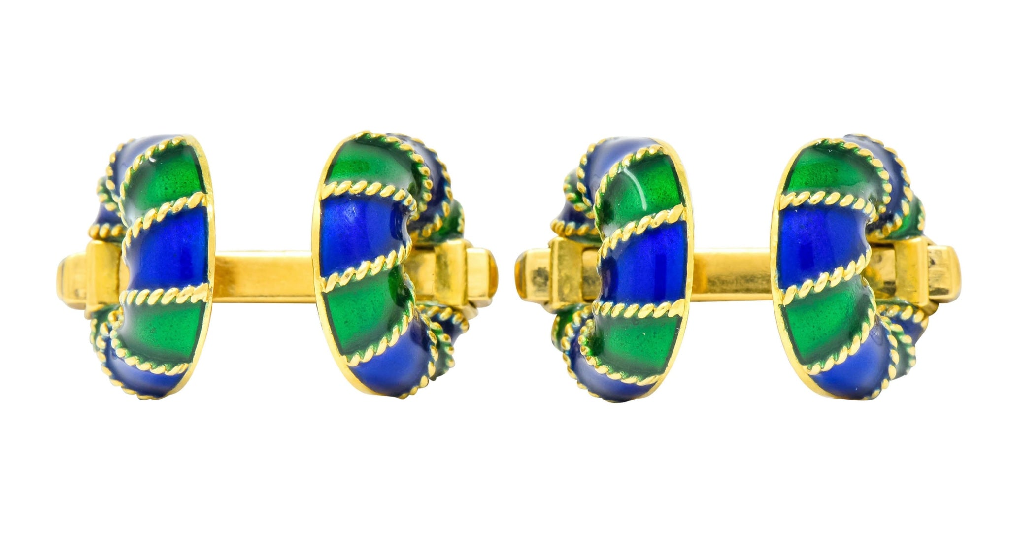 1980's Vintage Green Blue Enamel 18 Karat Gold Men's Cufflink - Wilson's Estate Jewelry