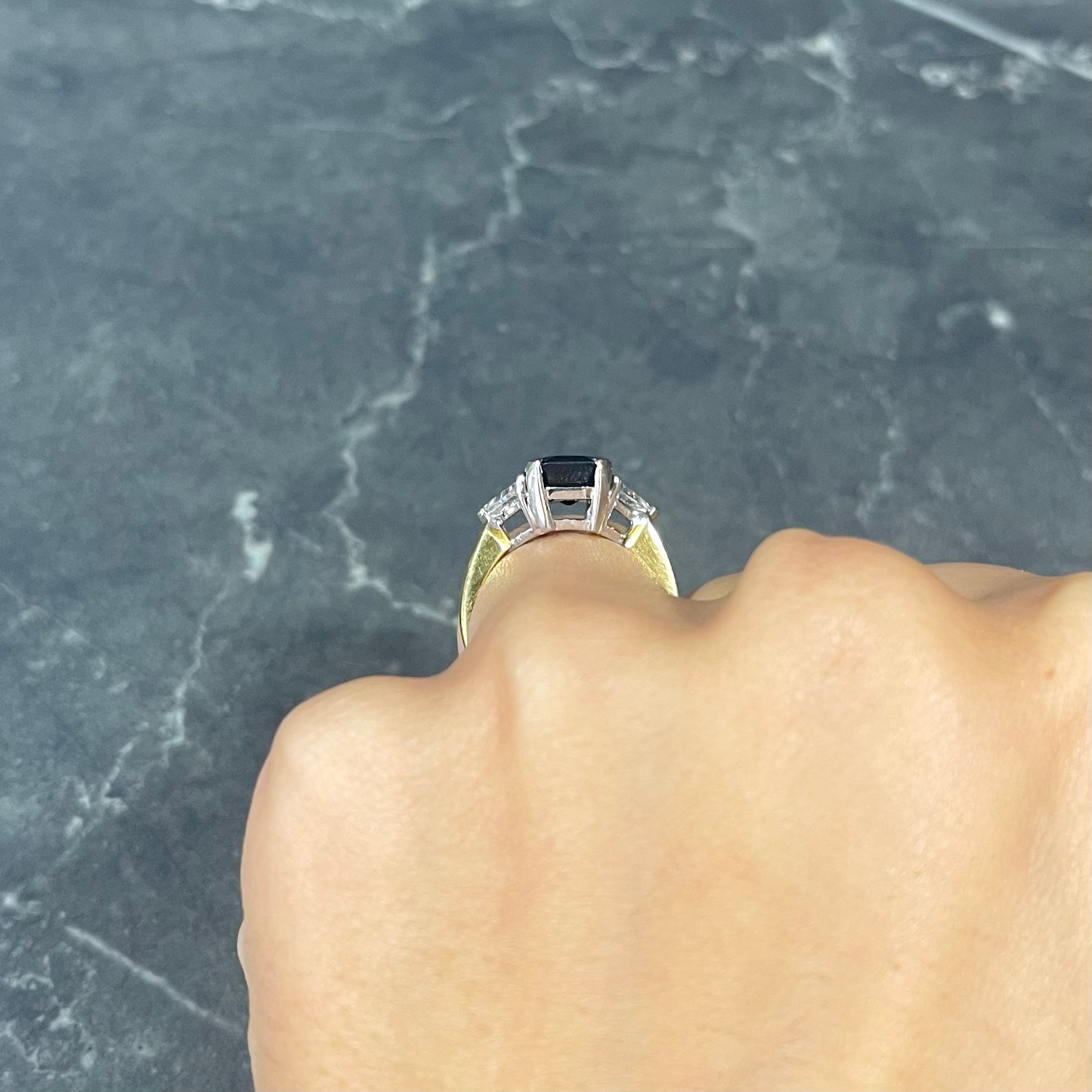 .11111 ## IS THIS A BETTER EDIT?SL 1980's 4.00 CTW Emerald Cut Sapphire Trillion Cut Diamond Platinum 18 Karat Yellow Gold Vintage Three Stone Ring Wilson's Estate Jewelry