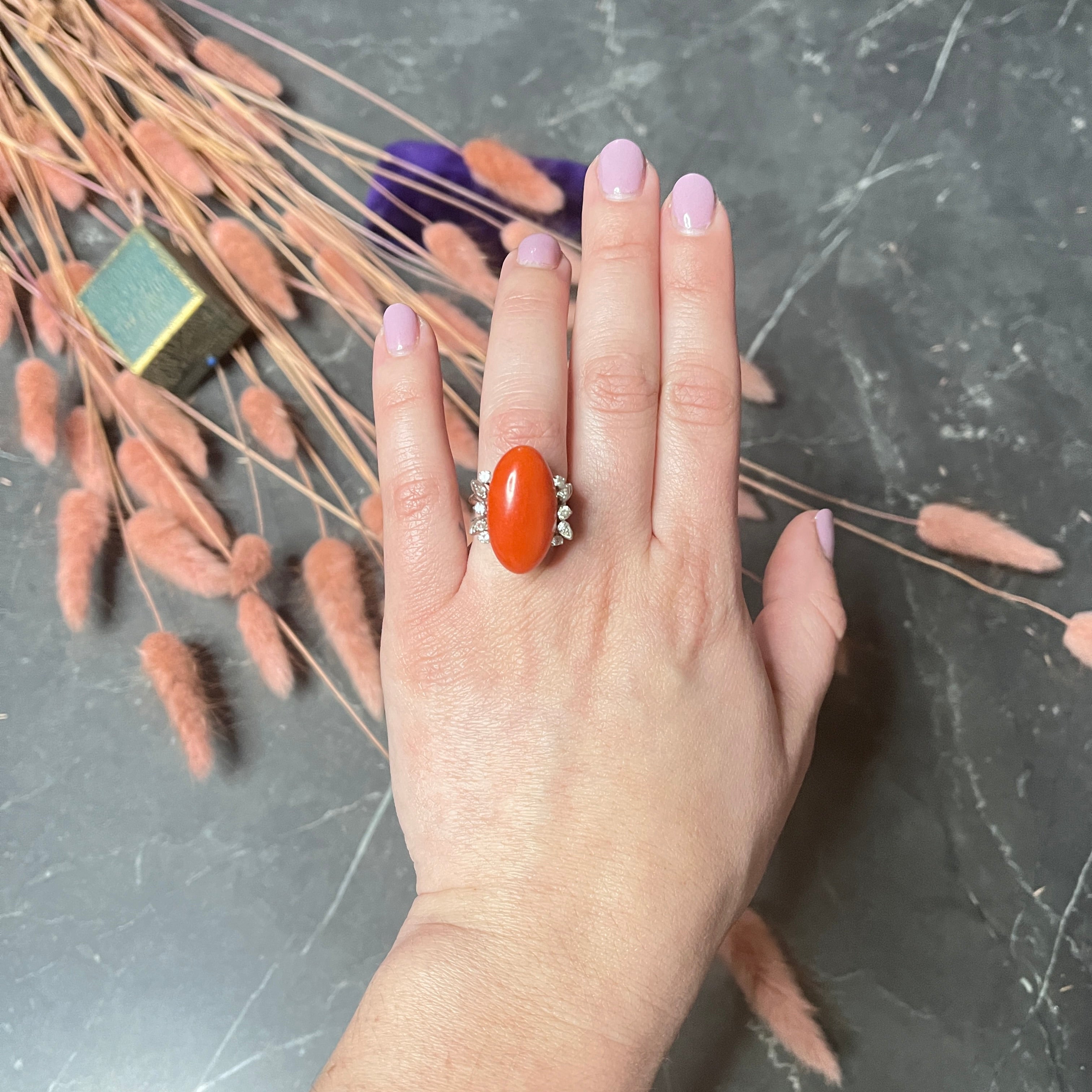 1950's Mid-Century Red Coral Diamond 18 Karat White Gold Cocktail Ring Wilson's Estate Jewelry