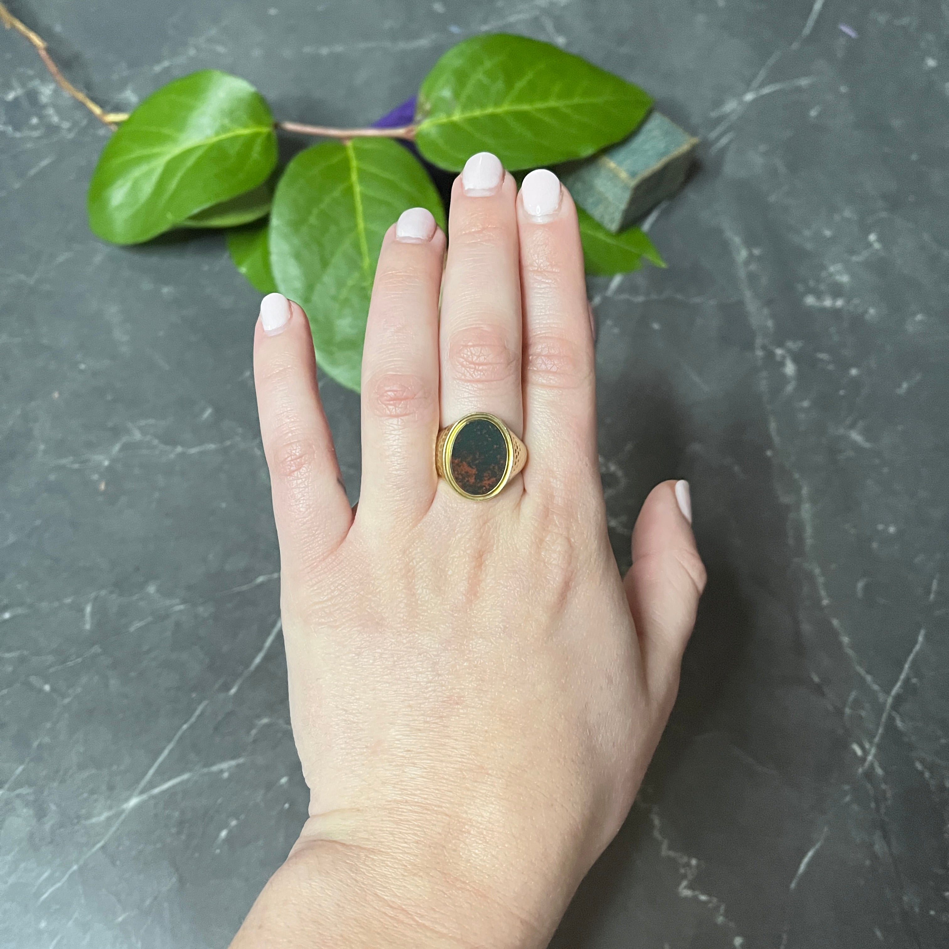 Jones & Woodland Retro Bloodstone 14 Karat Hammered Gold Unisex Signet Ring Wilson's Estate Jewelry