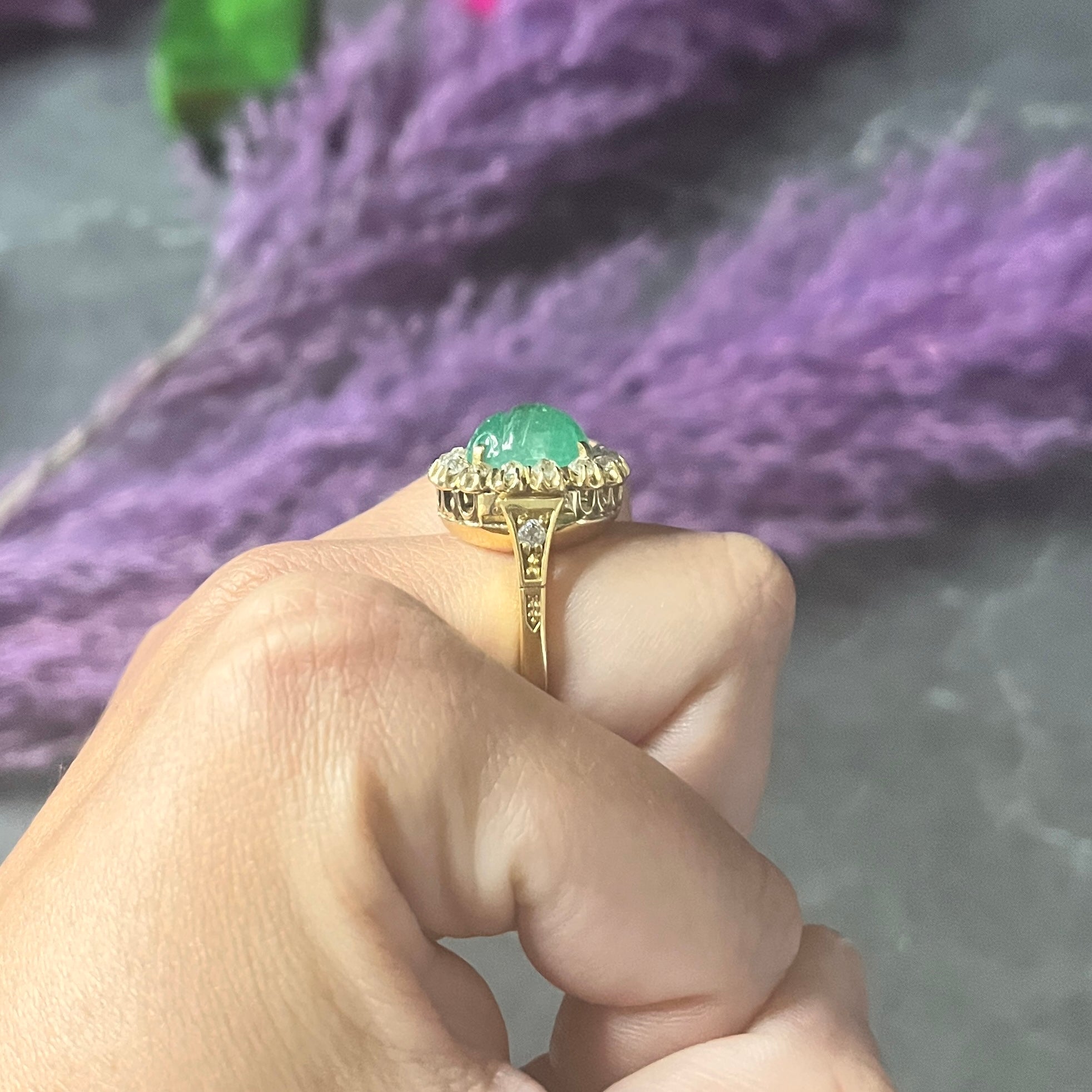 Vintage Egyptian Revival 7.80 CTW Carved Emerald Diamond 18 Karat Yellow Gold Cluster Gemstone Scarab Ring Wilson's Estate Jewelry