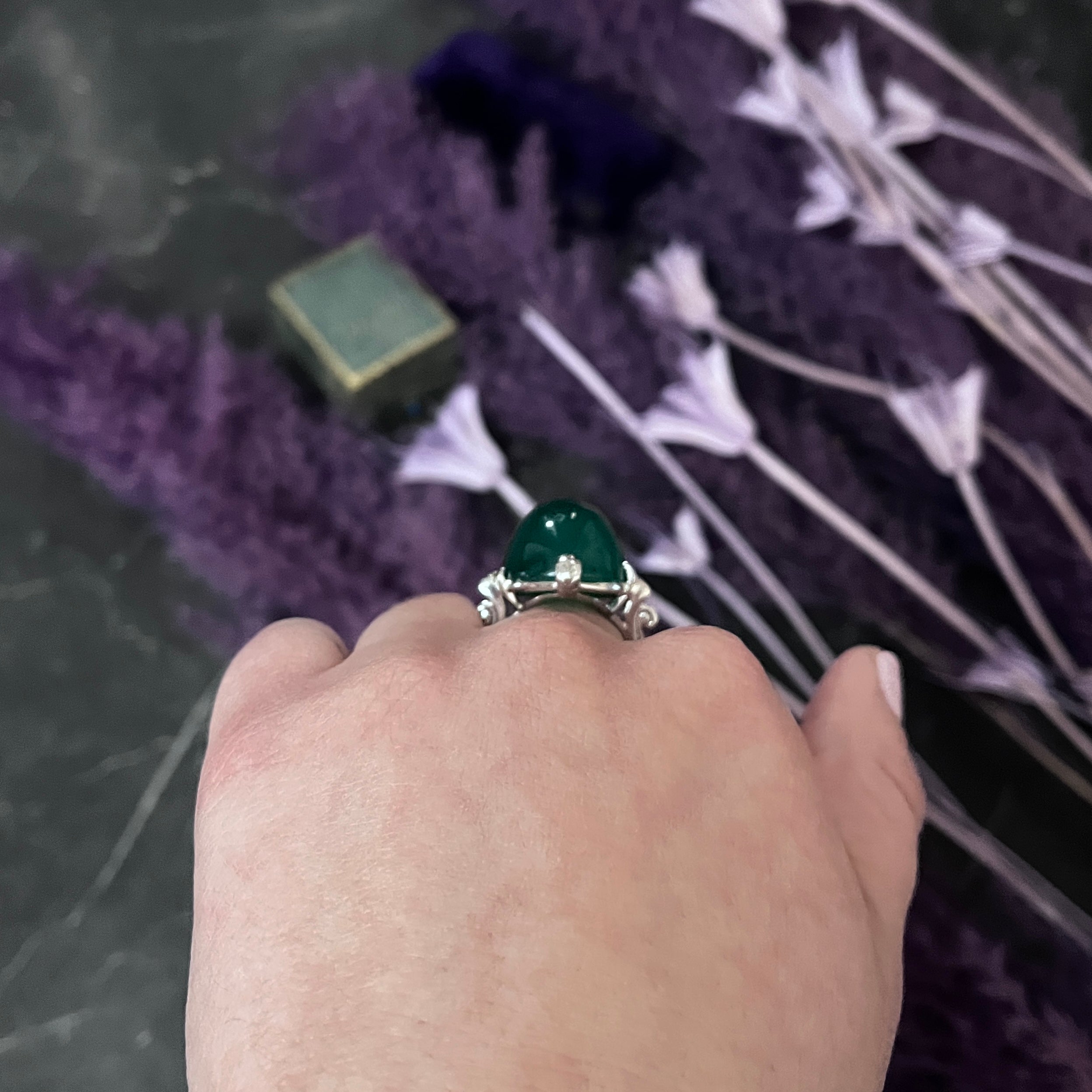 Large Art Deco Chrysoprase Diamond Platinum Cabochon Statement Ring Wilson's Estate Jewelry