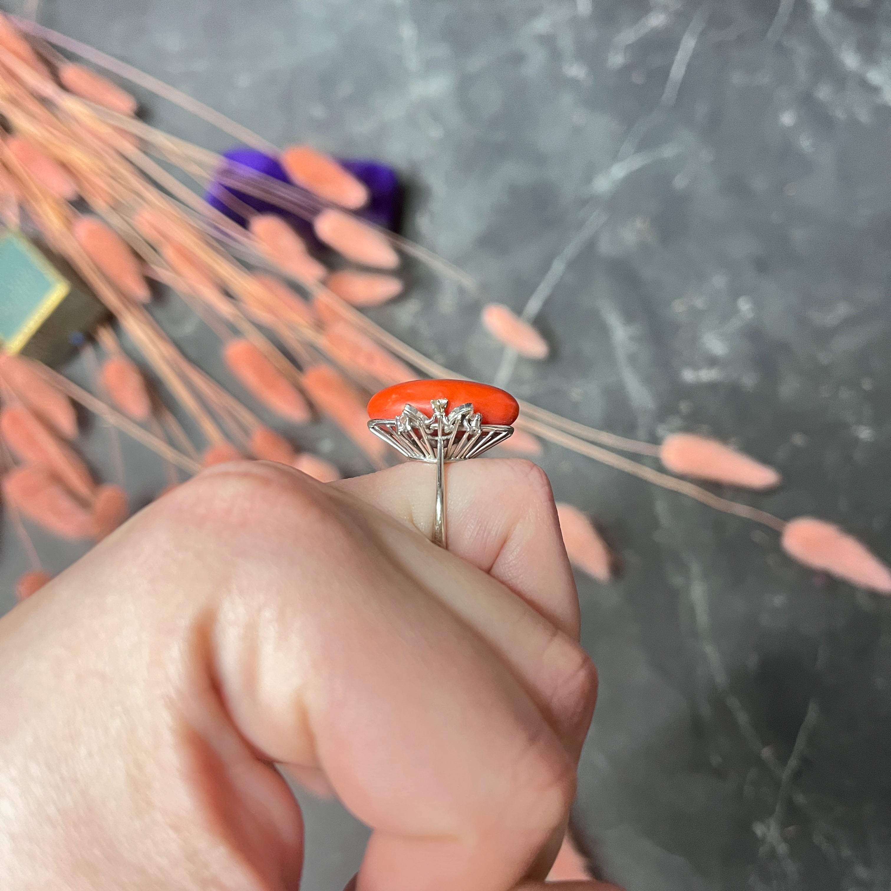 1950's Mid-Century Red Coral Diamond 18 Karat White Gold Cocktail Ring Wilson's Estate Jewelry