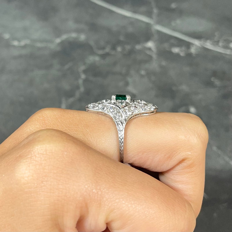 Art Deco 4.31 CTW Emerald Old European Cut Diamond Platinum Navette Wheat Dinner Ring Wilson's Estate Jewelry