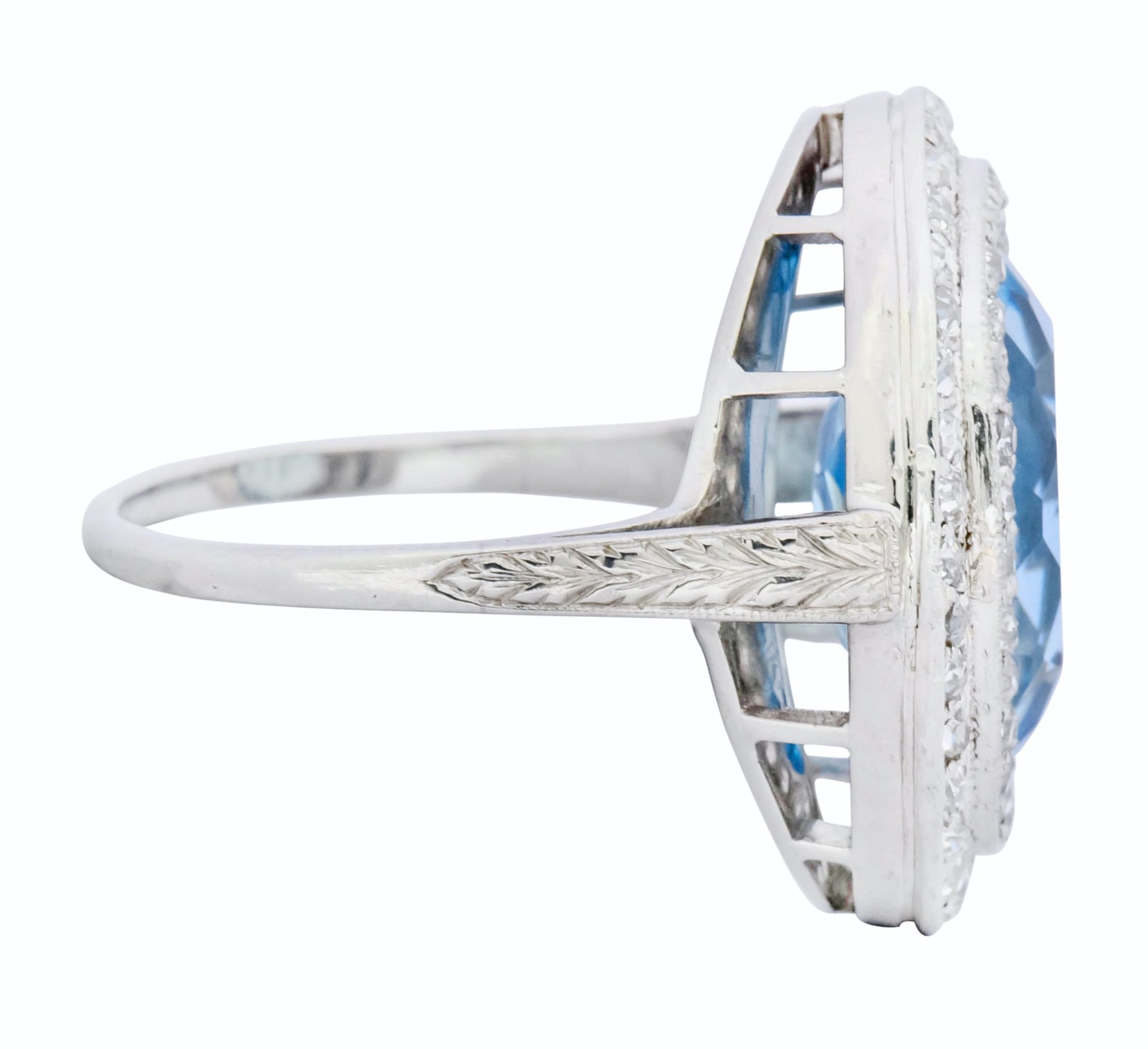 J.E. Caldwell Art Deco 6.40 CTW Aquamarine Diamond Halo Platinum Cluster Ring - Wilson's Estate Jewelry