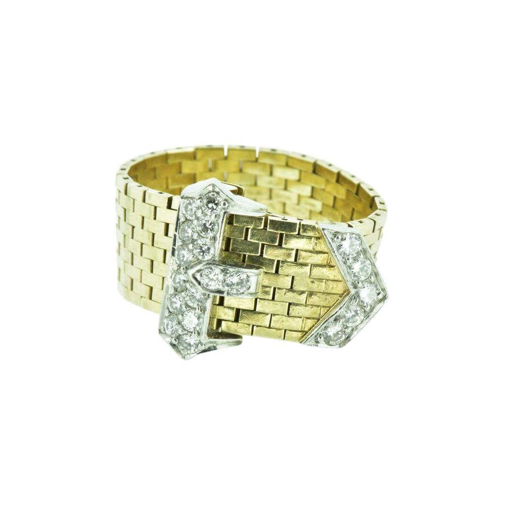 J.E. Caldwell Retro 0.43 CTW Diamond 14 Karat Gold Platinum Buckle Ring Wilson's Estate Jewelry