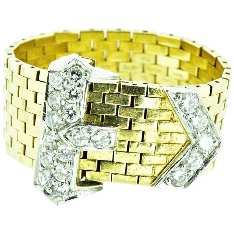 J.E. Caldwell Retro 0.43 CTW Diamond 14 Karat Gold Platinum Buckle Ring Wilson's Estate Jewelry