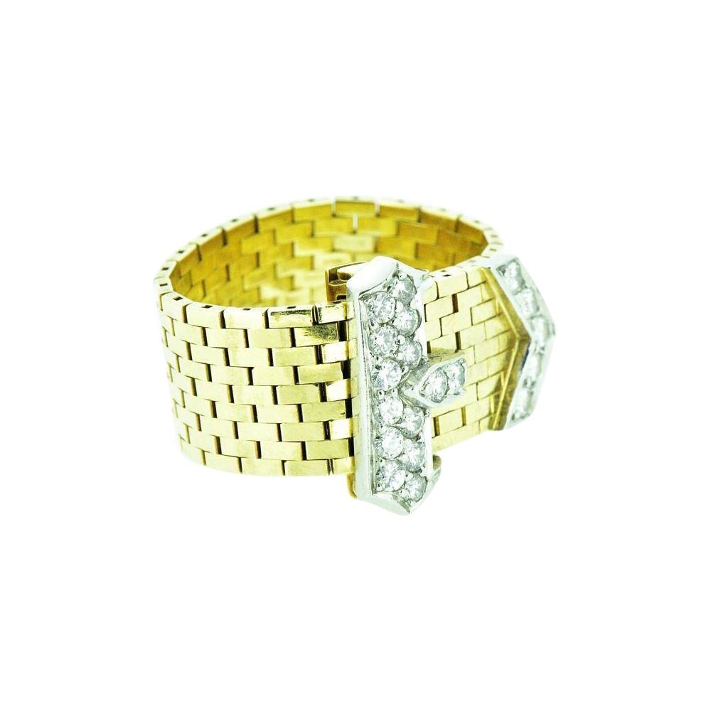 J.E. Caldwell Retro 0.43 CTW Diamond 14 Karat Gold Platinum Buckle Ring Wilson's Estate Jewelry