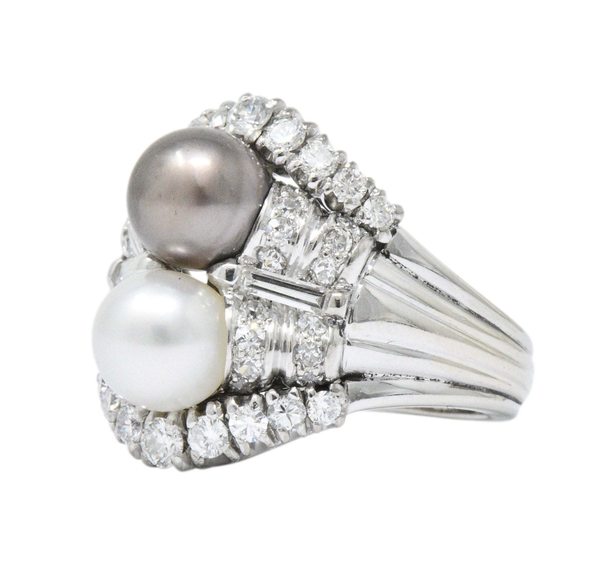 Koch 1950's 1.10 CTW Diamond Cultured Pearl 18 Karat White Gold Ring Wilson's Estate Jewelry