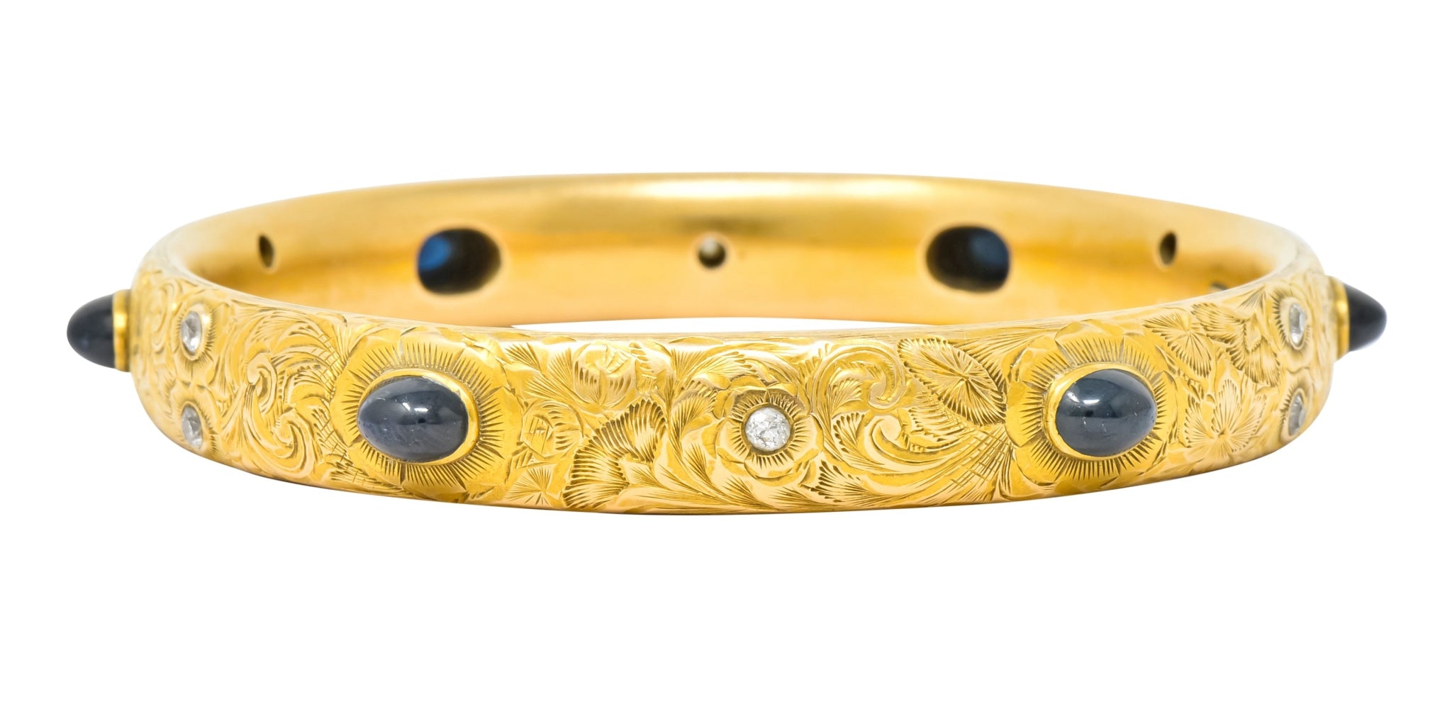 Kohn 1890's Victorian Diamond Sapphire 14 Karat Gold Floral Bangle Bracelet - Wilson's Estate Jewelry