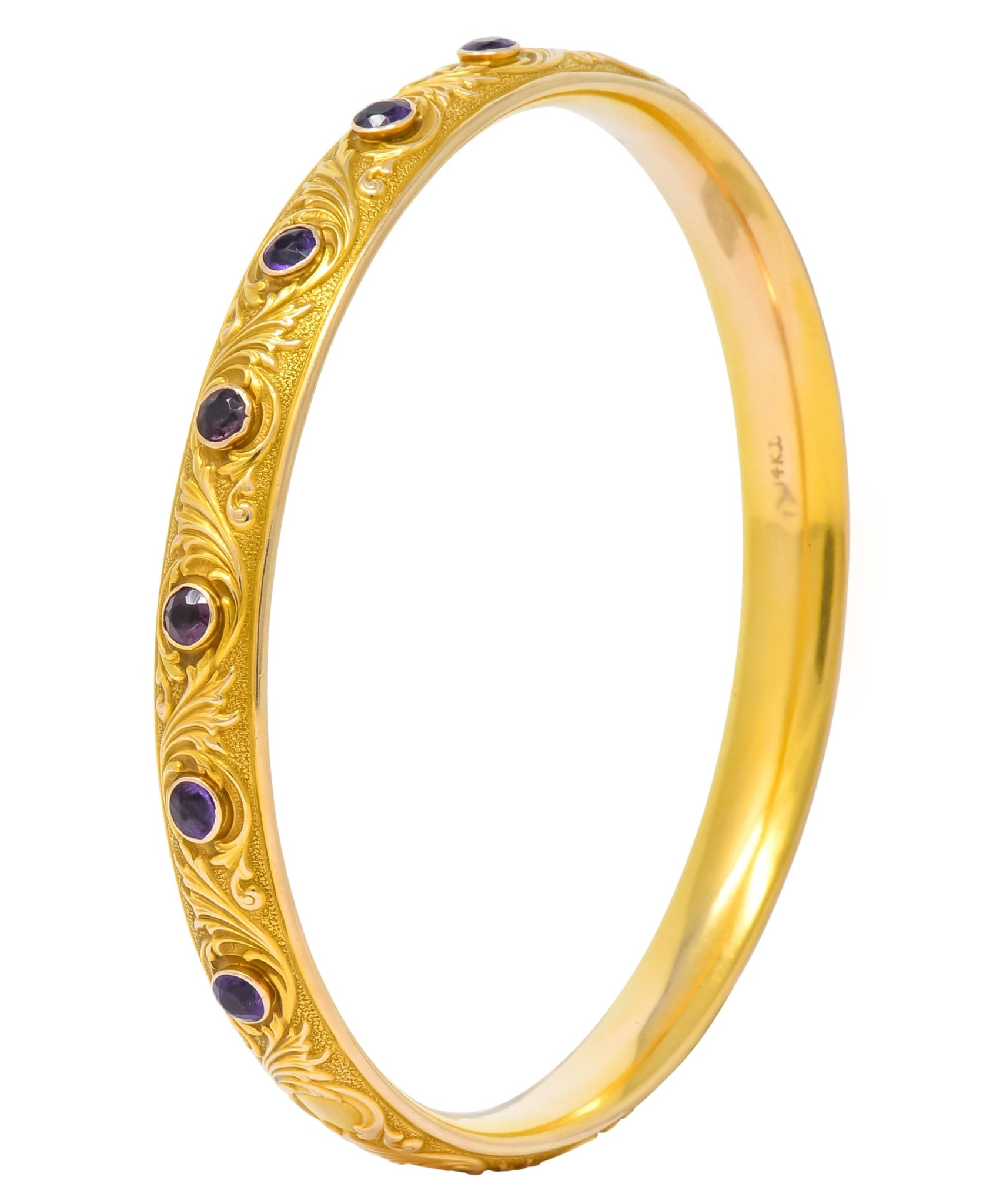 Krementz Art Nouveau Amethyst 14 Karat Gold Engraved Bangle Bracelet Circa 1900 - Wilson's Estate Jewelry