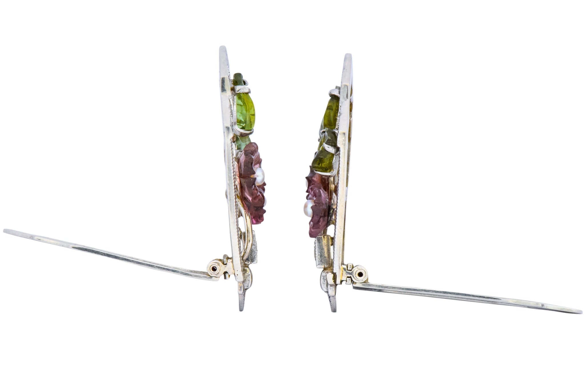 Krementz Art Nouveau Diamond Garnet Tourmaline Pearl 14 Karat White Gold Clip Pins - Wilson's Estate Jewelry