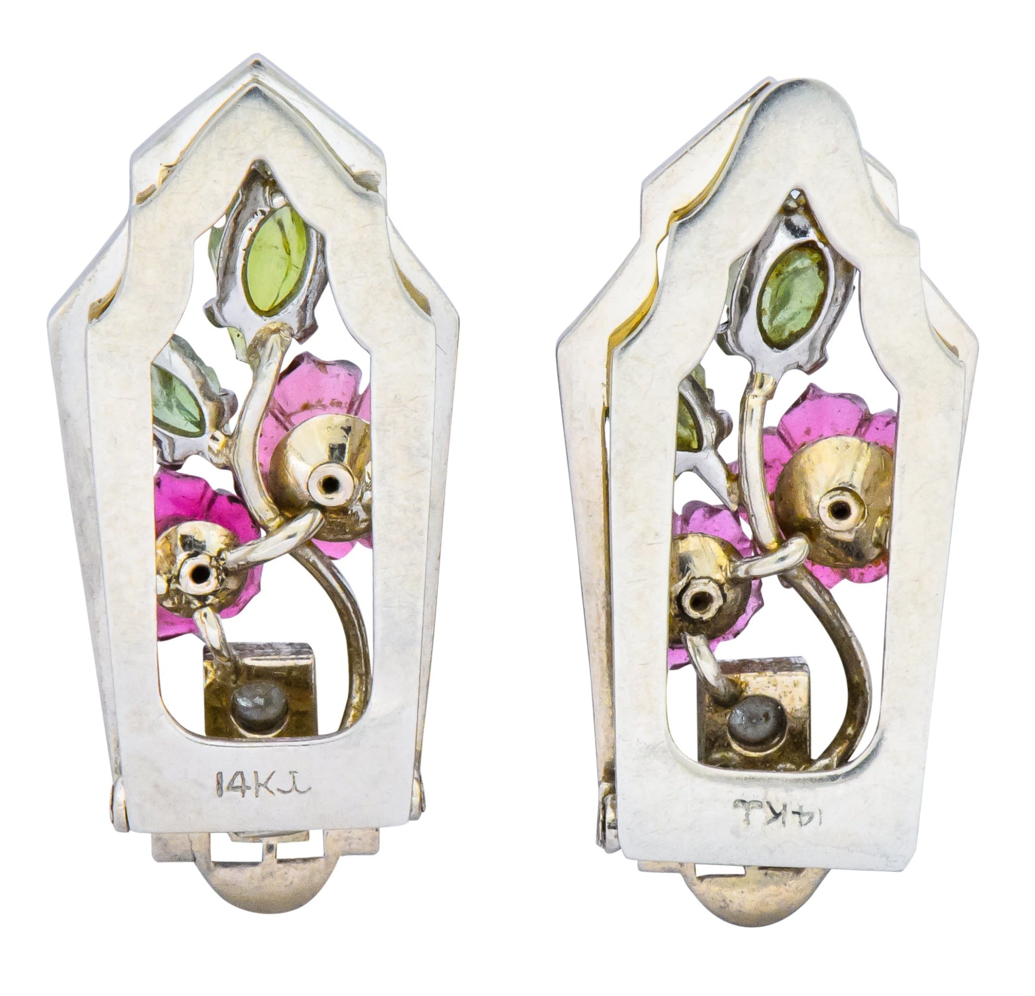 Krementz Art Nouveau Diamond Garnet Tourmaline Pearl 14 Karat White Gold Clip Pins - Wilson's Estate Jewelry