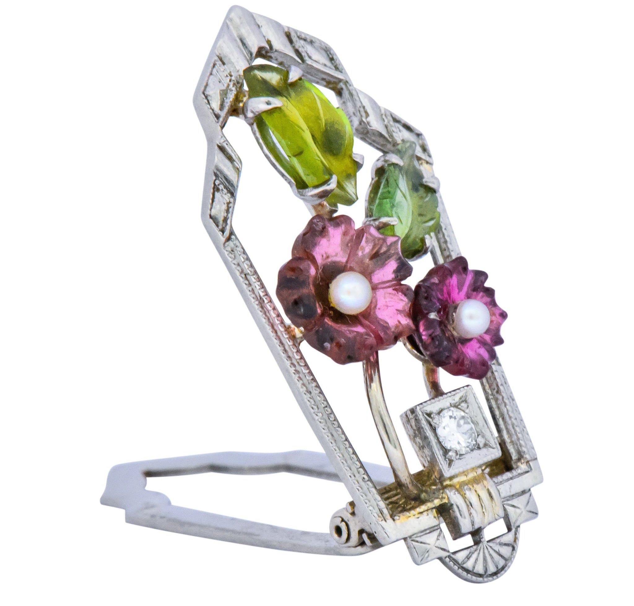 Krementz Art Nouveau Diamond Garnet Tourmaline Pearl 14 Karat White Gold Clip Pins - Wilson's Estate Jewelry