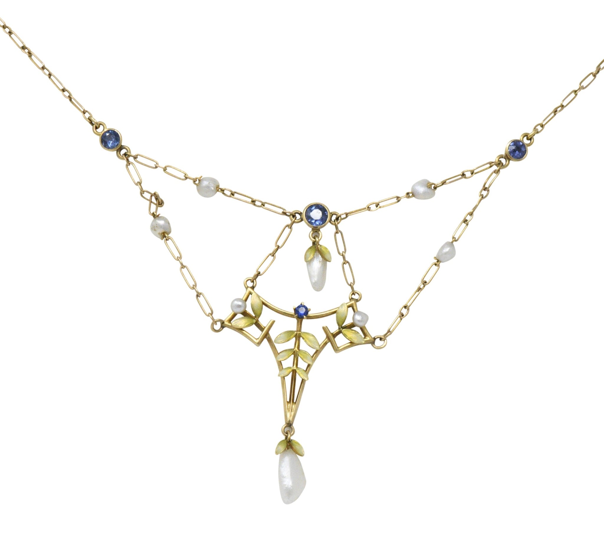 Krementz Art Nouveau Sapphire Enamel Pearl 14 Karat Gold Swag Necklace Wilson's Estate Jewelry