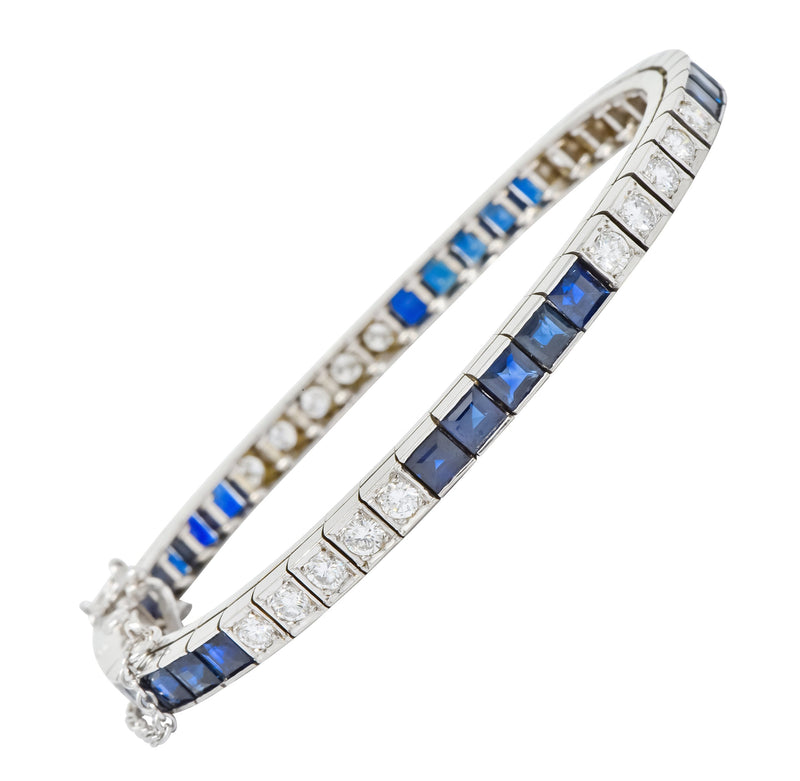 Mid-Century 7.00 CTW Diamond Sapphire 14 Karat White Gold Line Bracelet Circa 1950s - Wilson's Estate Jewelry