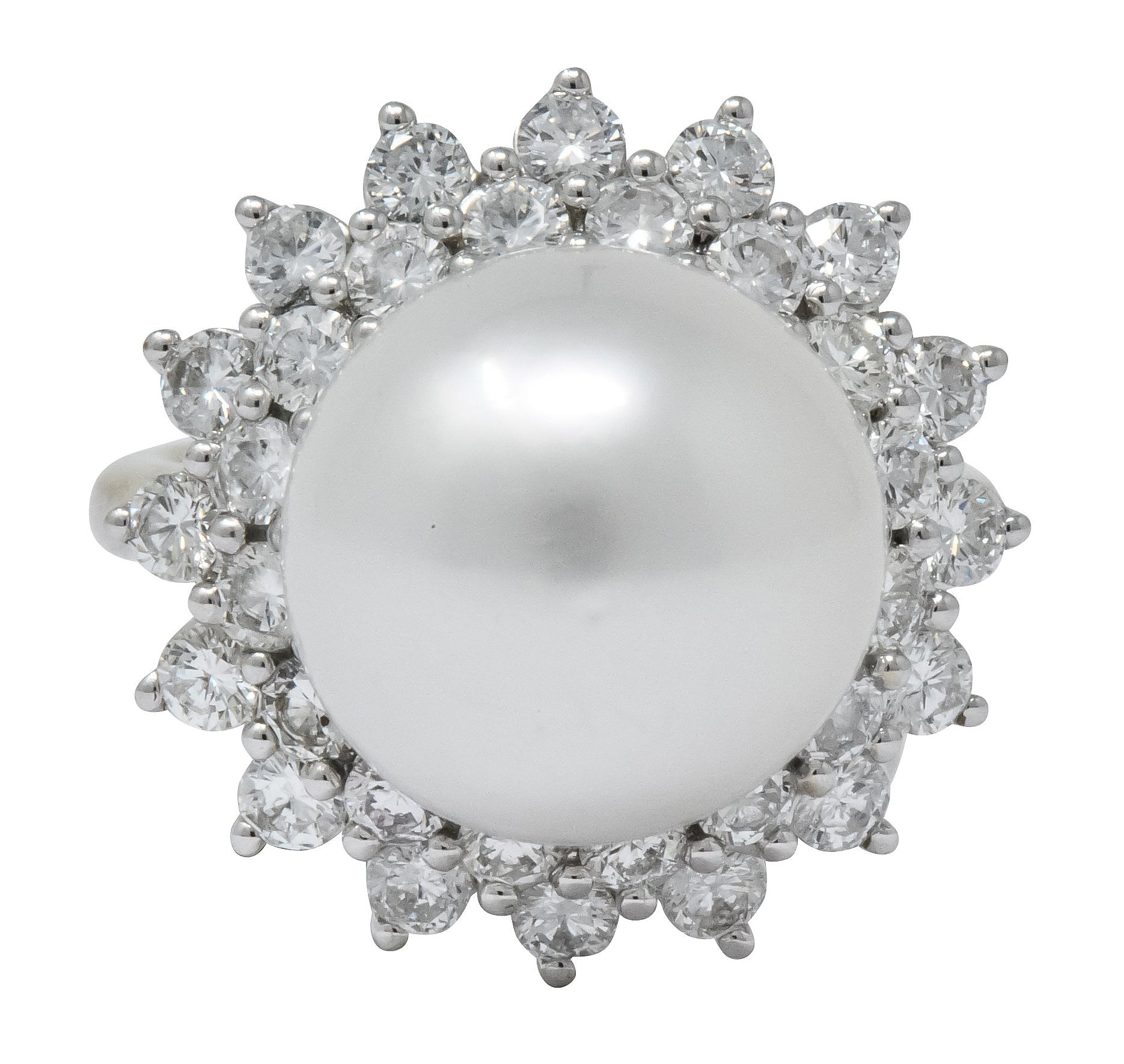 Modern 3.20 CTW Diamond Cultured South Sea Pearl 14 Karat White Gold Cluster Ring - Wilson's Estate Jewelry