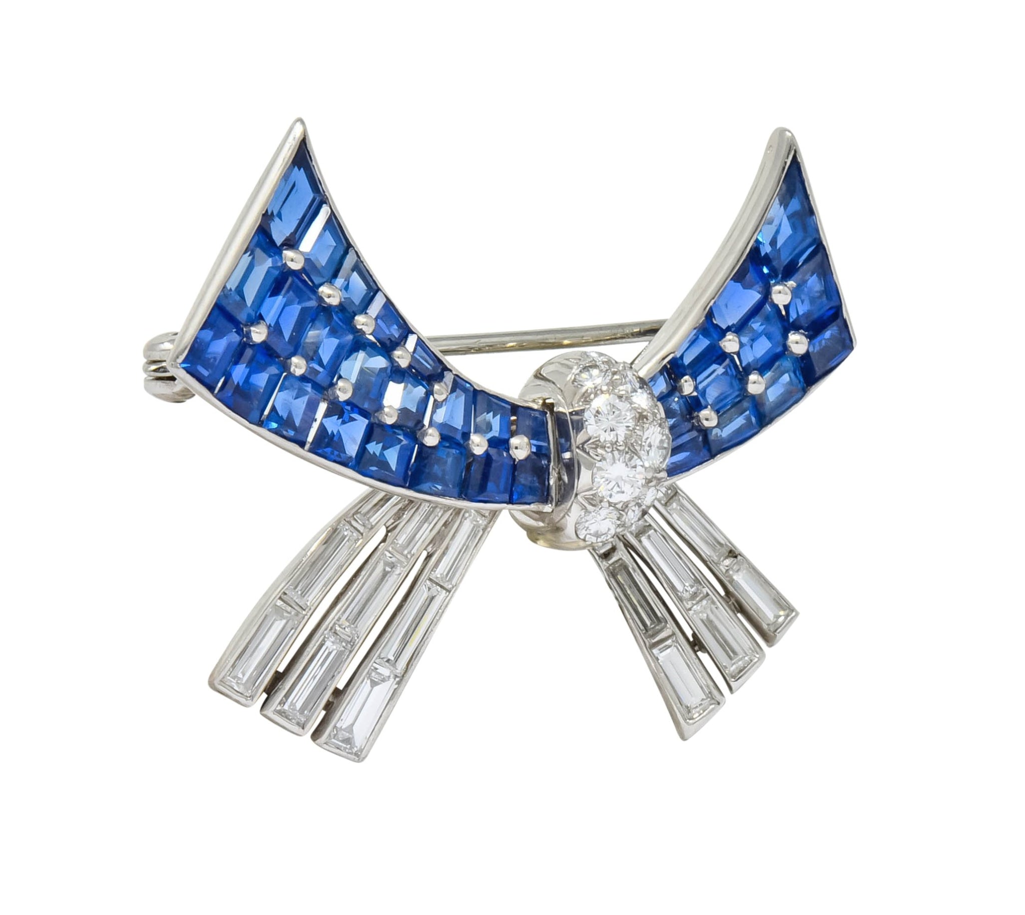 Oscar Heyman Retro 6.10 CTW Sapphire Diamond Platinum Bow Brooch - Wilson's Estate Jewelry