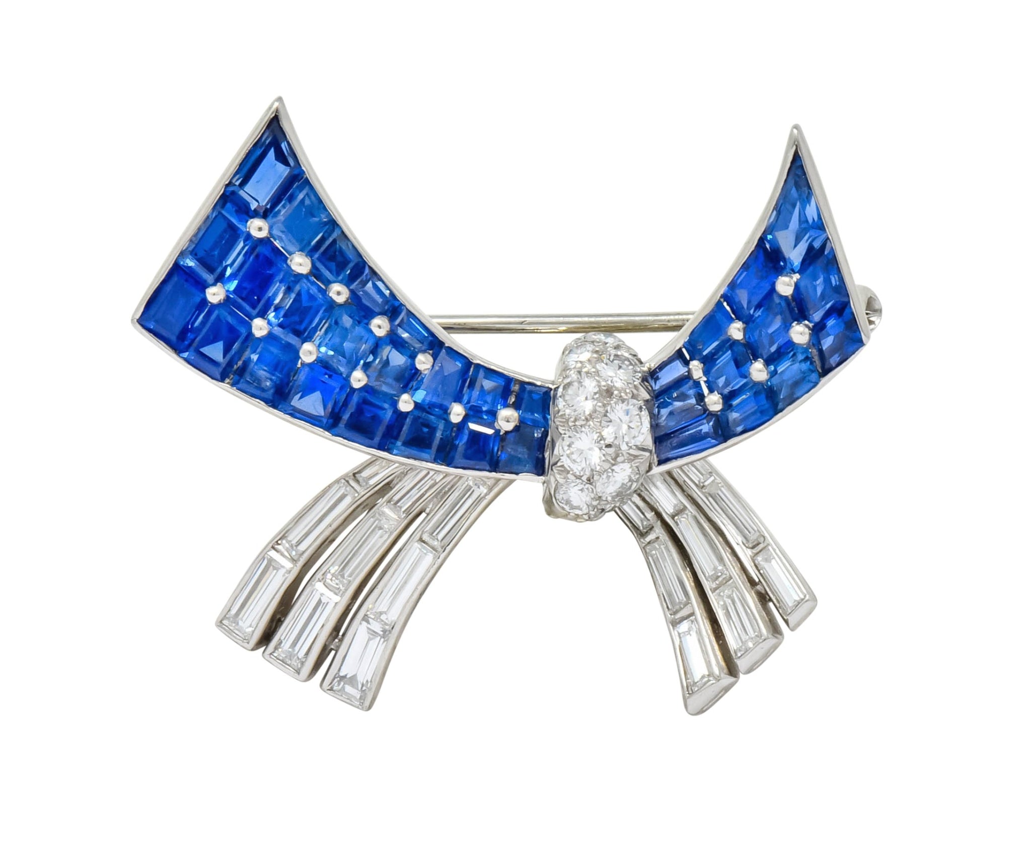 Oscar Heyman Retro 6.10 CTW Sapphire Diamond Platinum Bow Brooch - Wilson's Estate Jewelry