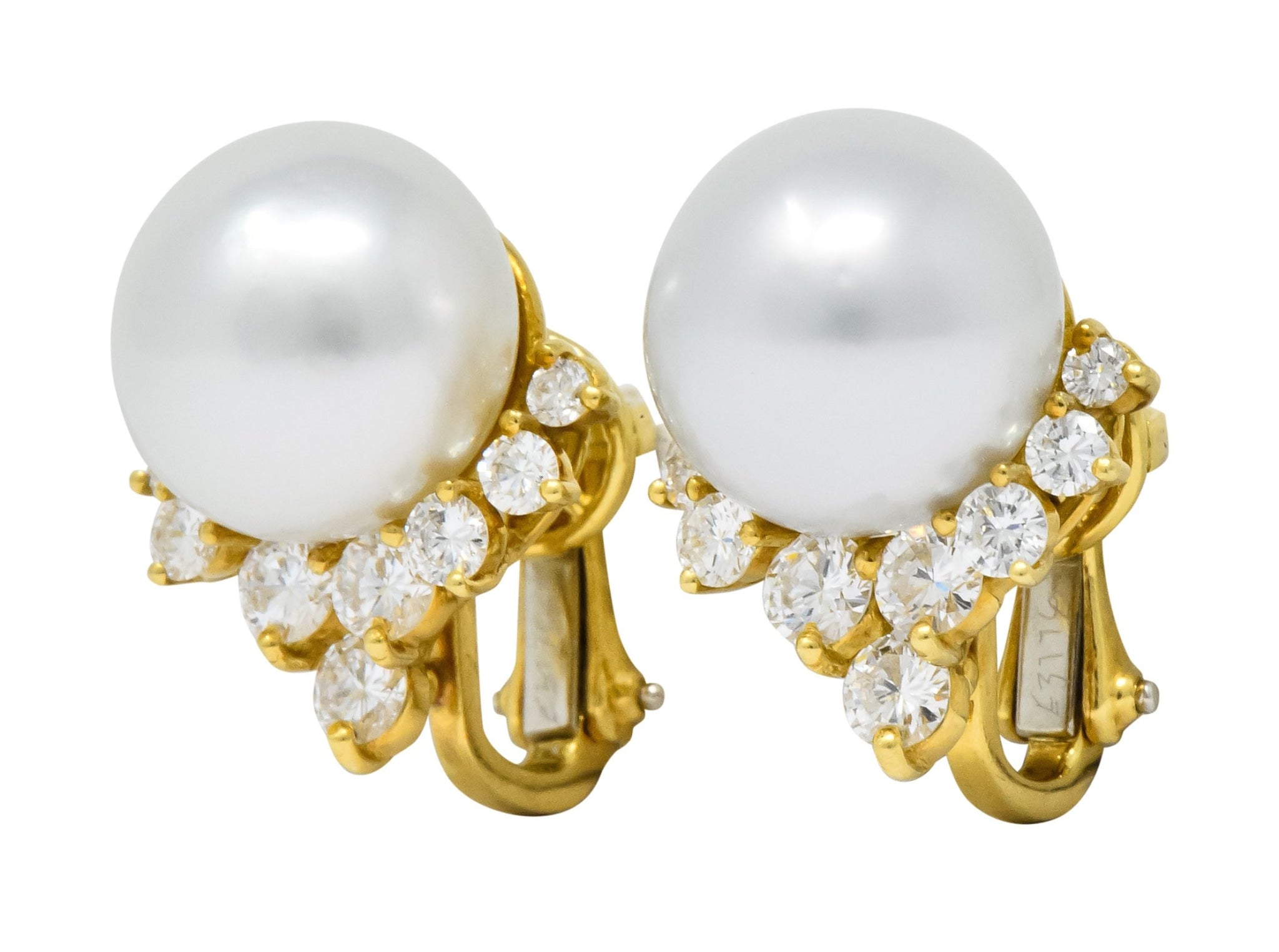 Retro 0.76 CTW Diamond Cultured South Sea Pearl 18 Karat Gold Earrings - Wilson's Estate Jewelry