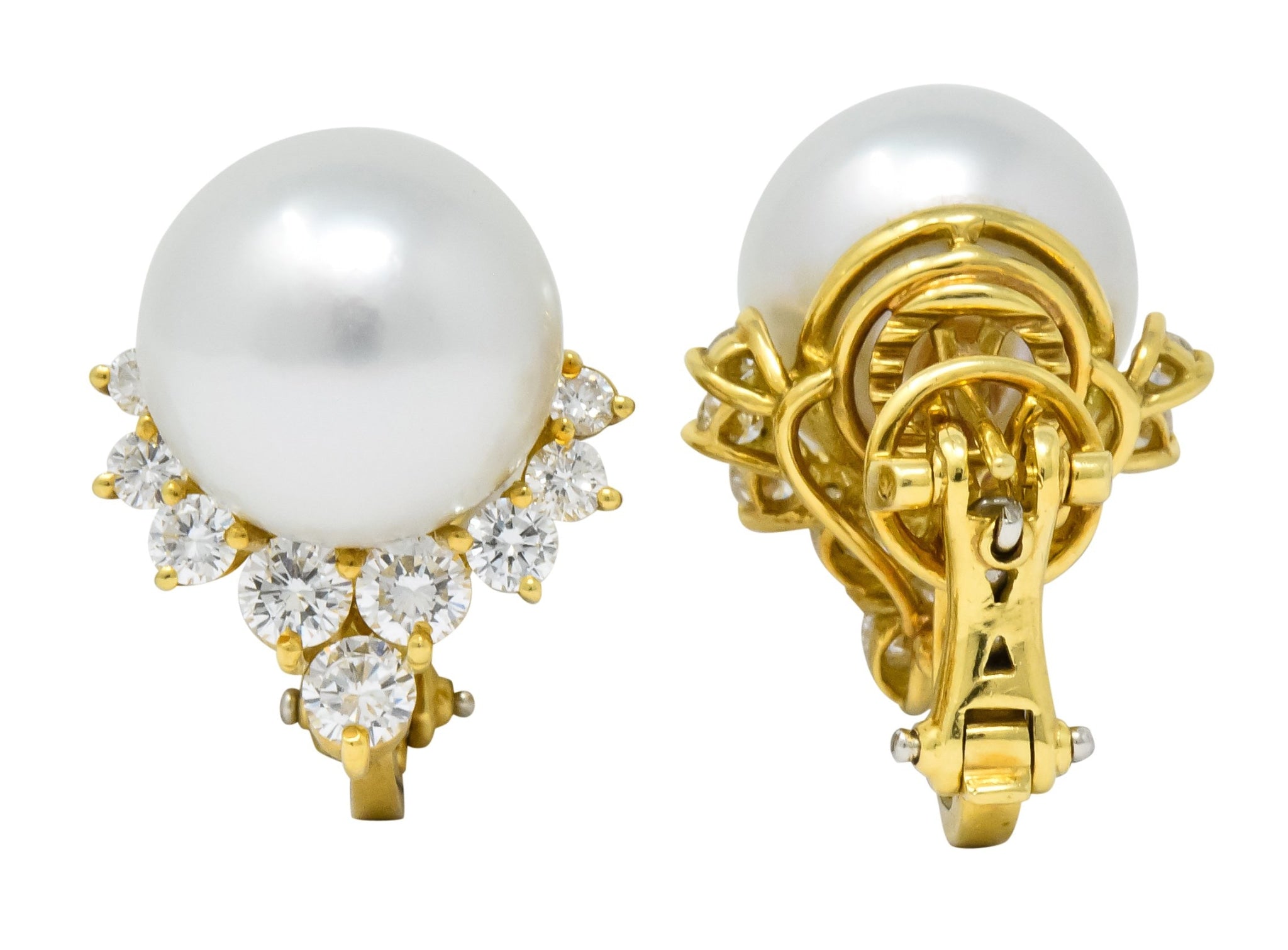 Retro 0.76 CTW Diamond Cultured South Sea Pearl 18 Karat Gold Earrings - Wilson's Estate Jewelry