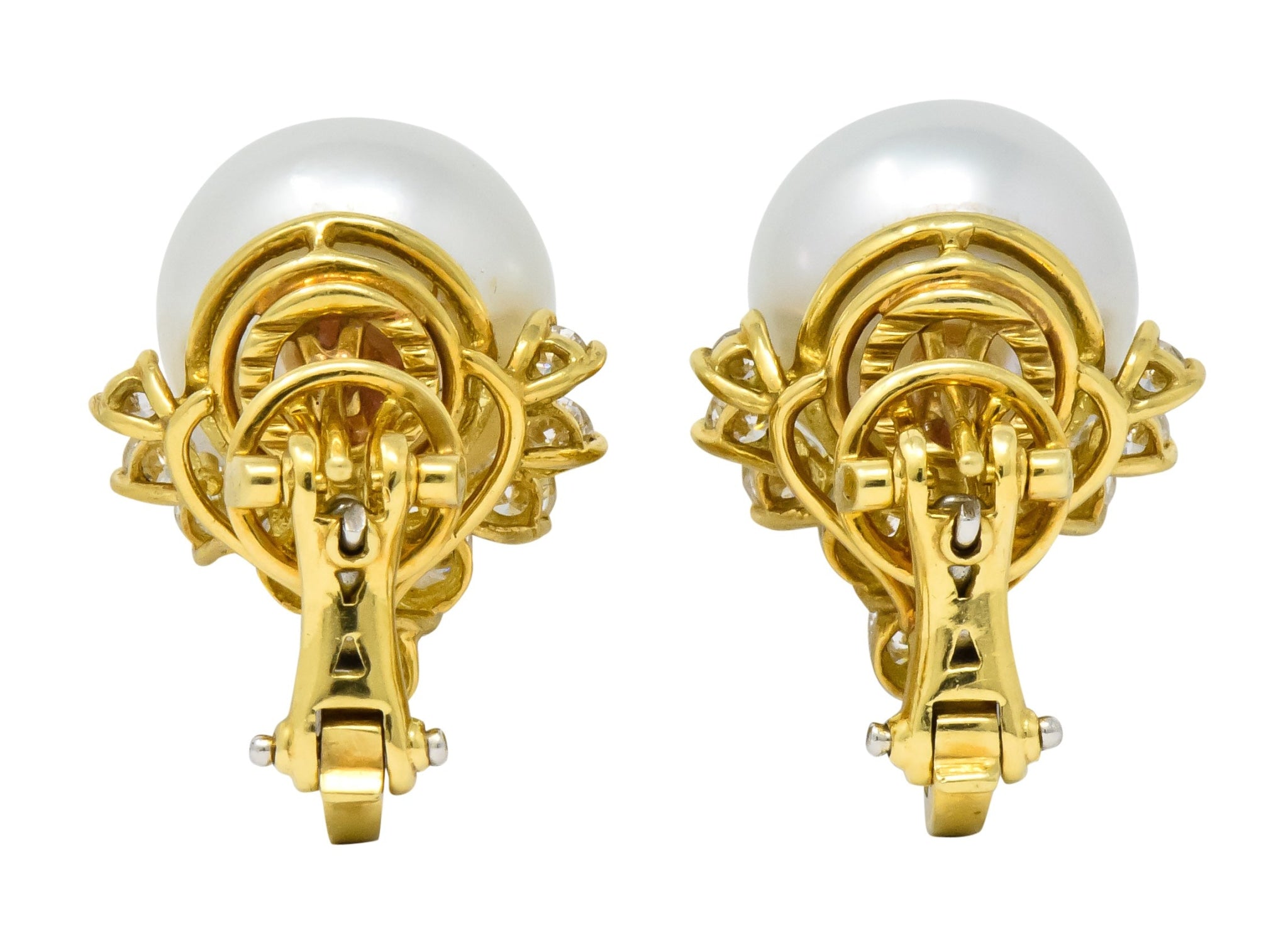 Retro 0.76 CTW Diamond Cultured South Sea Pearl 18 Karat Gold Earrings - Wilson's Estate Jewelry