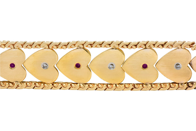 Retro 1.80 CTW Diamond Ruby 14 Karat Gold Heart Bracelet - Wilson's Estate Jewelry