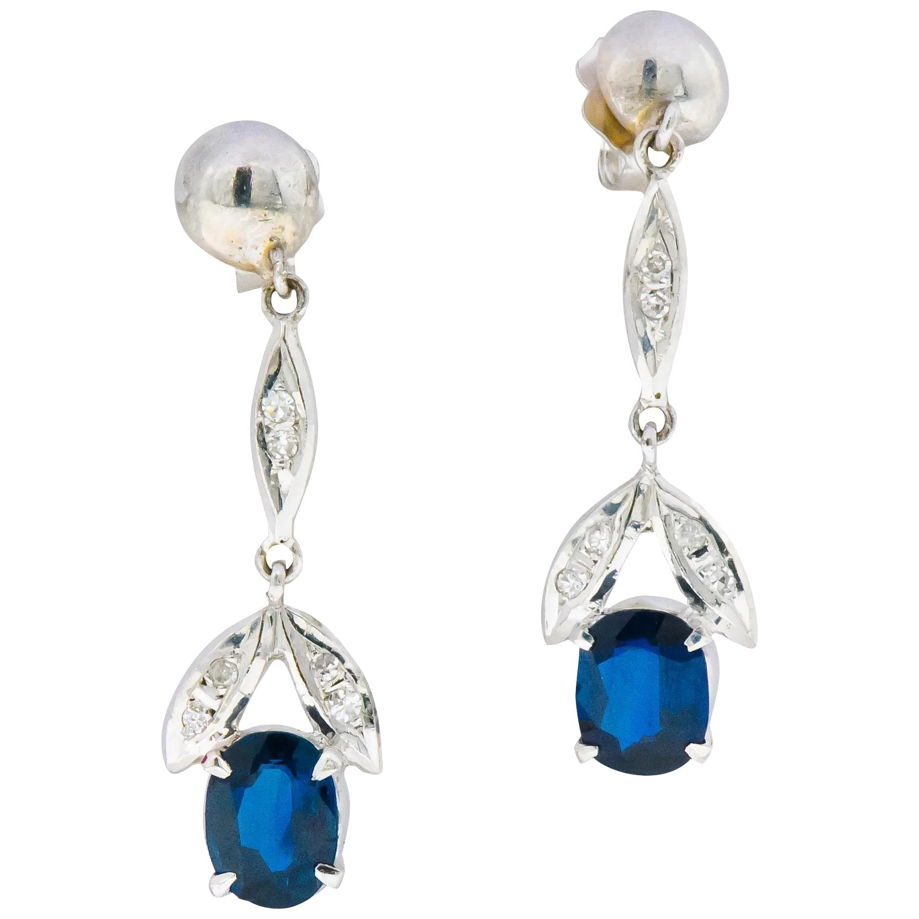 Retro 1.80 CTW No Heat Sapphire Diamond 14 Karat White Gold Drop Earrings GIA Wilson's Estate Jewelry