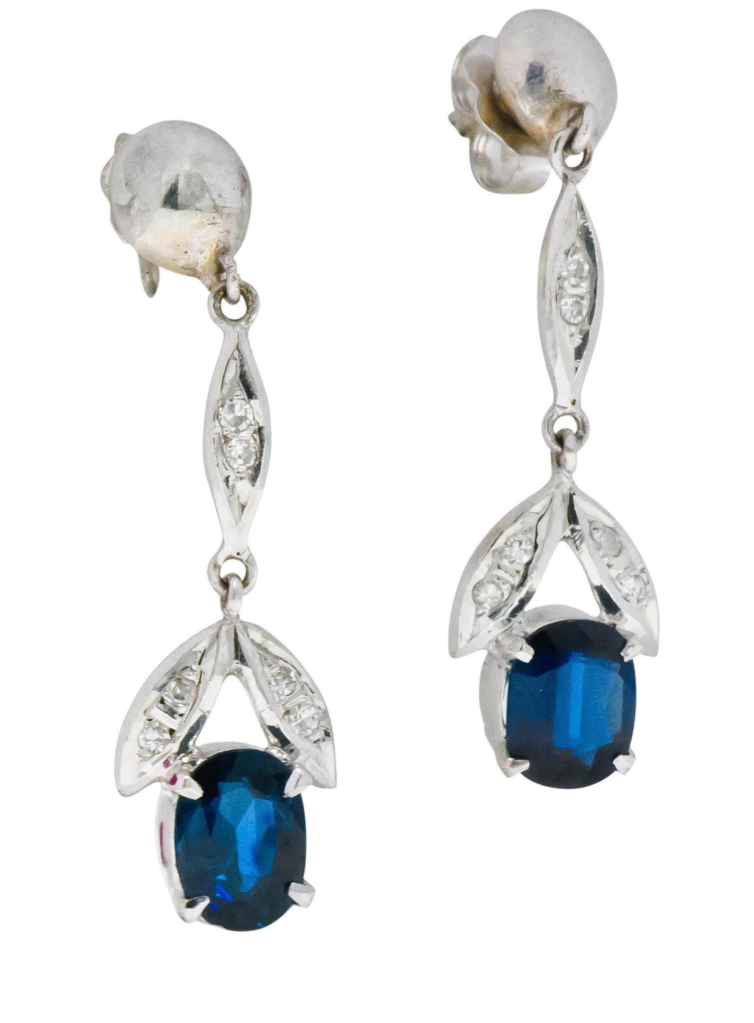 Retro 1.80 CTW No Heat Sapphire Diamond 14 Karat White Gold Drop Earrings GIA Wilson's Estate Jewelry