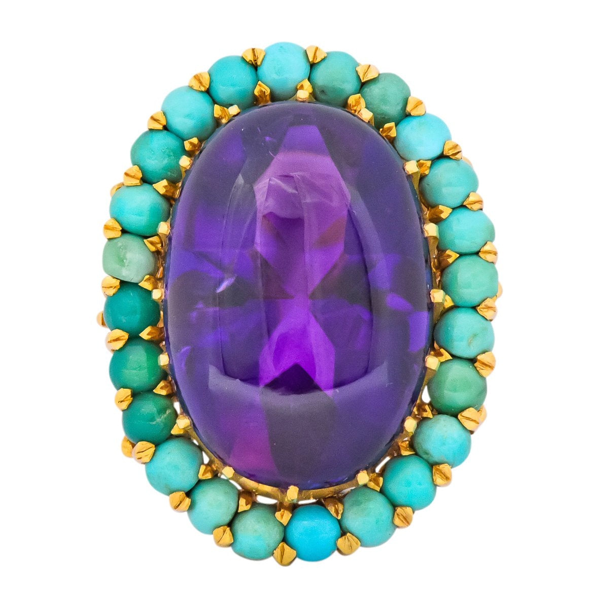 Retro 1960's Amethyst Turquoise 18 Karat Gold Cluster Cocktail Ring - Wilson's Estate Jewelry