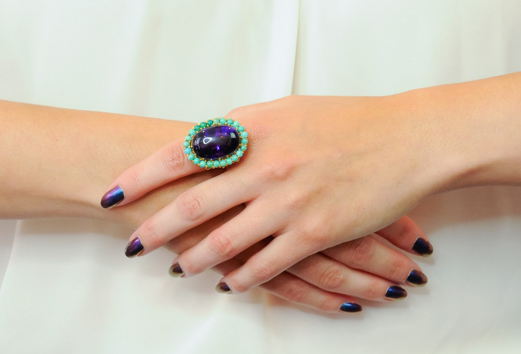 Retro 1960's Amethyst Turquoise 18 Karat Gold Cluster Cocktail Ring - Wilson's Estate Jewelry