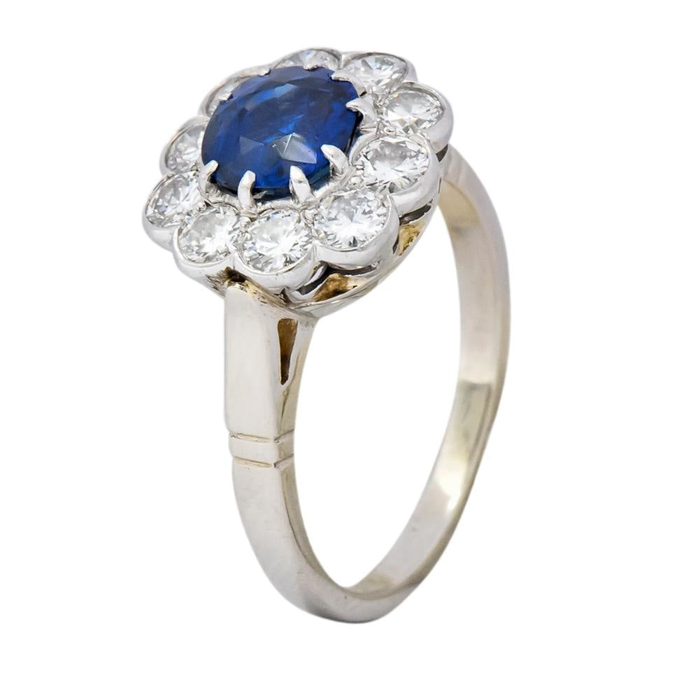 Retro 2.09 CTW No Heat Sapphire Diamond 14 Karat White Gold Cluster Ring GIA - Wilson's Estate Jewelry