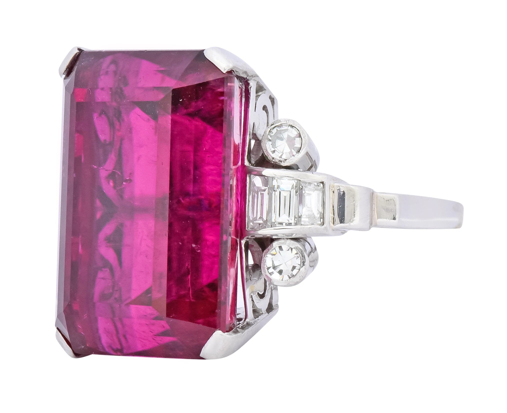 Retro 22.15 CTW Rubellite Tourmaline Diamond 18 Karat White Gold Cocktail Ring - Wilson's Estate Jewelry