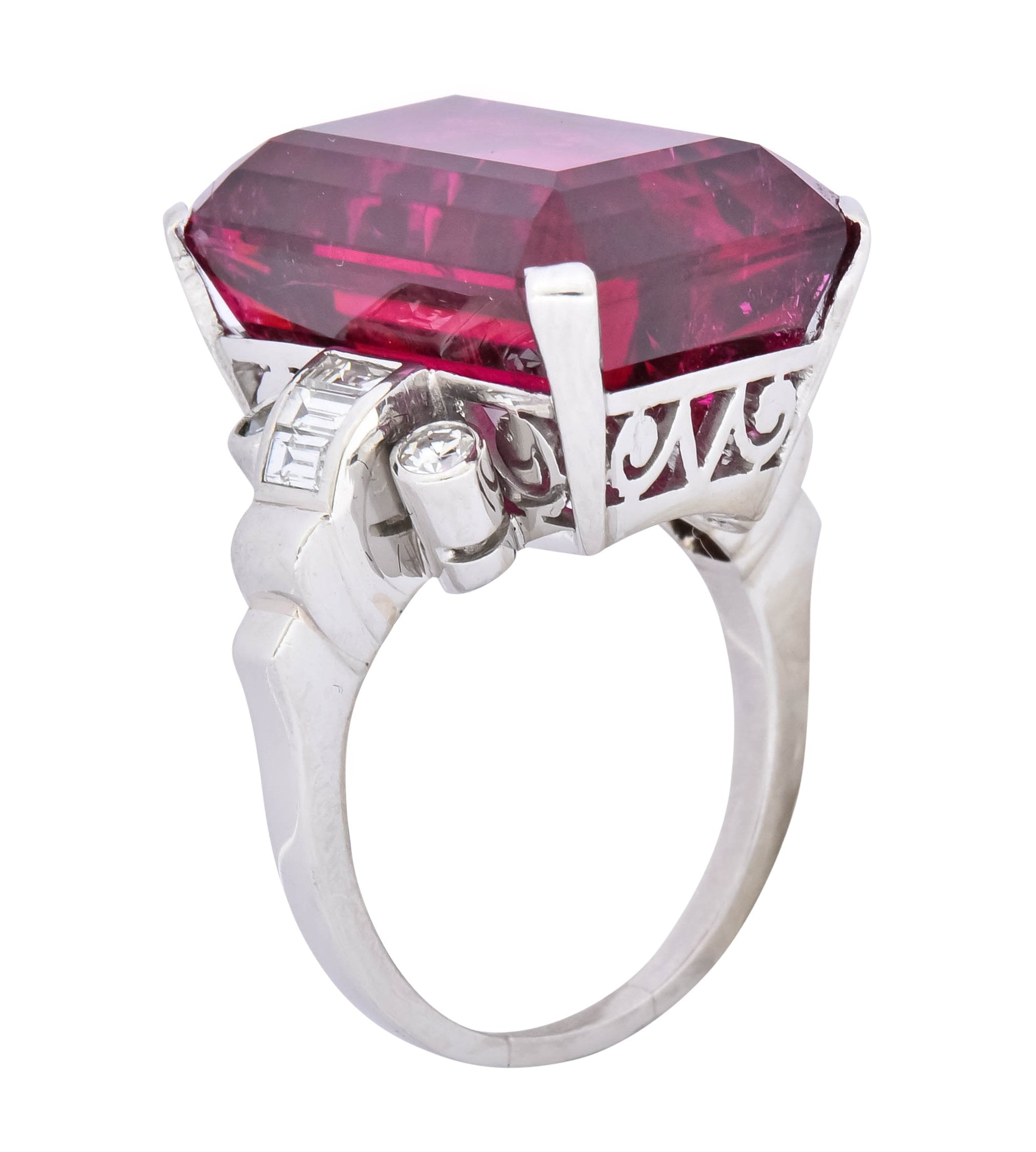 Retro 22.15 CTW Rubellite Tourmaline Diamond 18 Karat White Gold Cocktail Ring - Wilson's Estate Jewelry