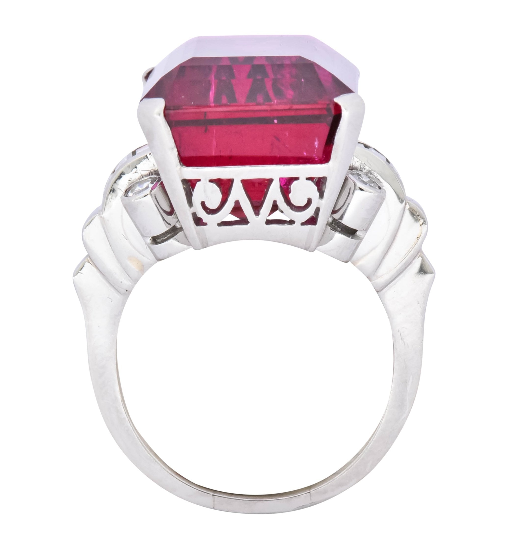 Retro 22.15 CTW Rubellite Tourmaline Diamond 18 Karat White Gold Cocktail Ring - Wilson's Estate Jewelry