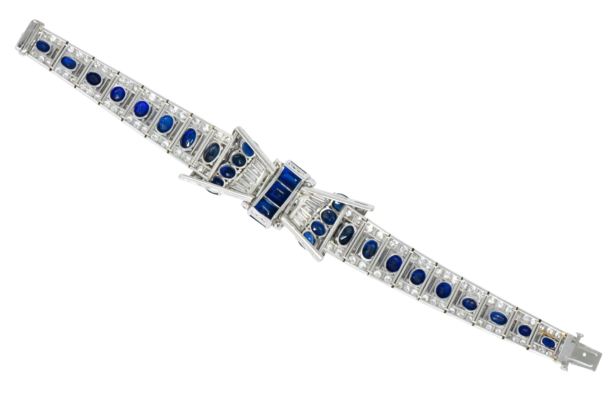 1950's Mid-Century 27.50 CTW Sapphire Diamond Platinum Bow Link Bracelet Wilson's Estate Jewelry