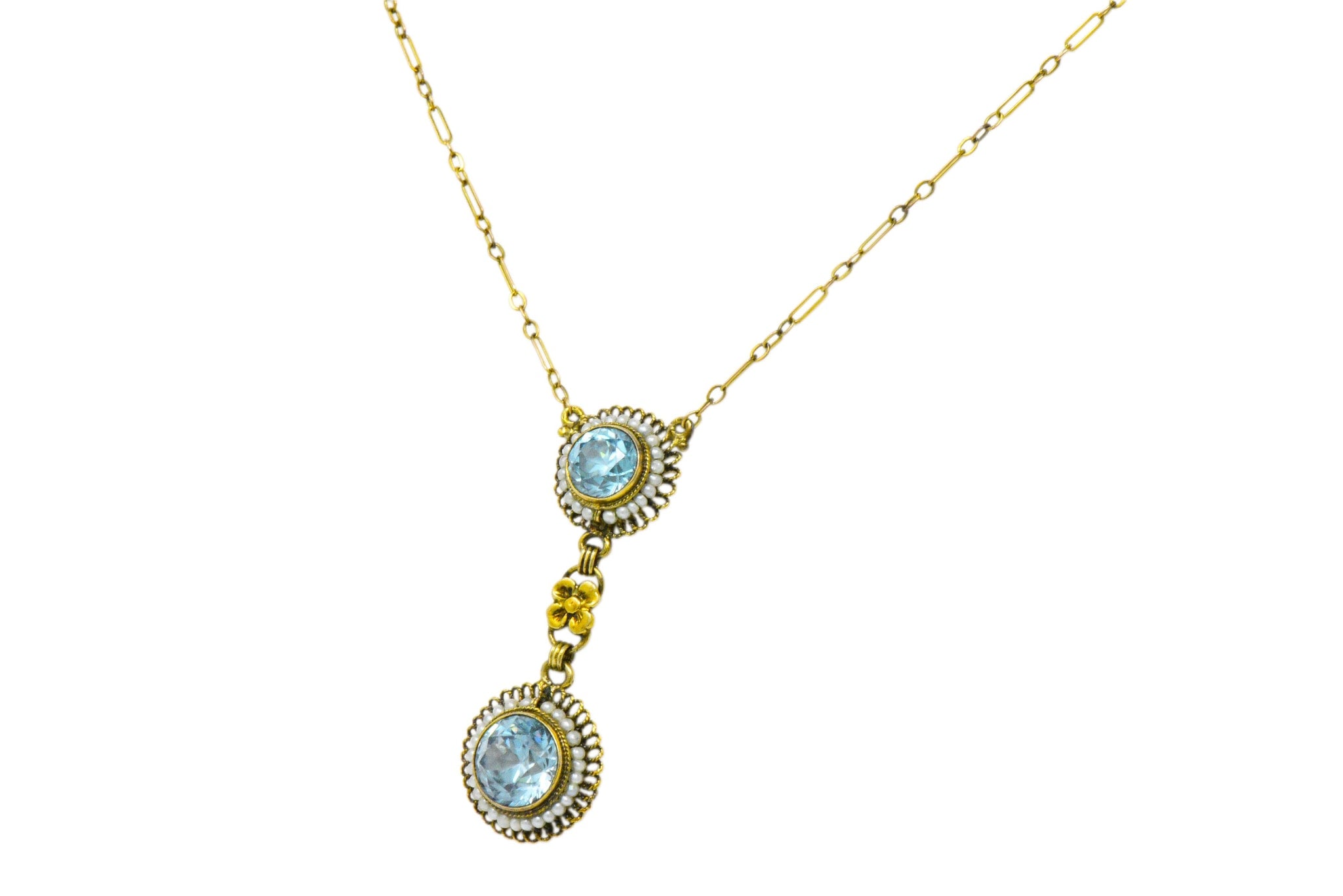 Retro 4.75 CTW Blue Zircon Seed Pearl 14 Karat Gold Drop Necklace Wilson's Estate Jewelry